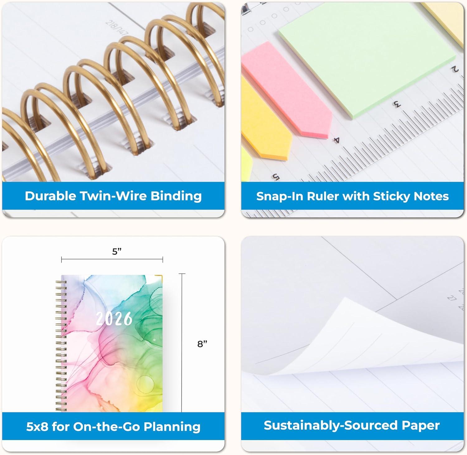 imageBlue Sky 15 Month 2026 Weekly and Monthly Planner Calendar October 2025 December 2026 5quot x 8quot Hard Cover Durable Twin Wire Binding Laminated Tabs Storage Pocket Includes Ruler Sticky Notes ampamp Stickers Rainbow InkRainbow Ink 2026