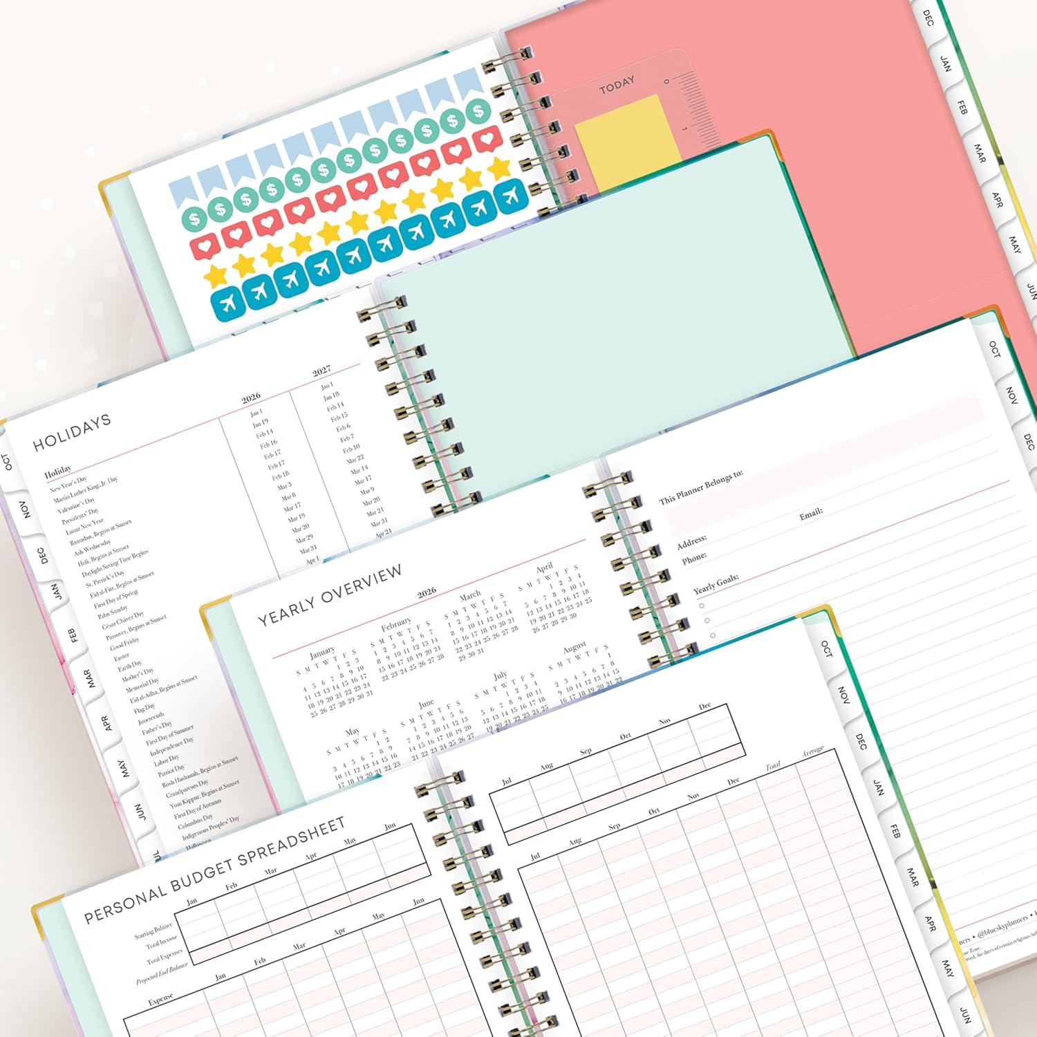 imageBlue Sky 15 Month 2026 Weekly and Monthly Planner Calendar October 2025 December 2026 5quot x 8quot Hard Cover Durable Twin Wire Binding Laminated Tabs Storage Pocket Includes Ruler Sticky Notes ampamp Stickers Rainbow InkRainbow Ink 2026