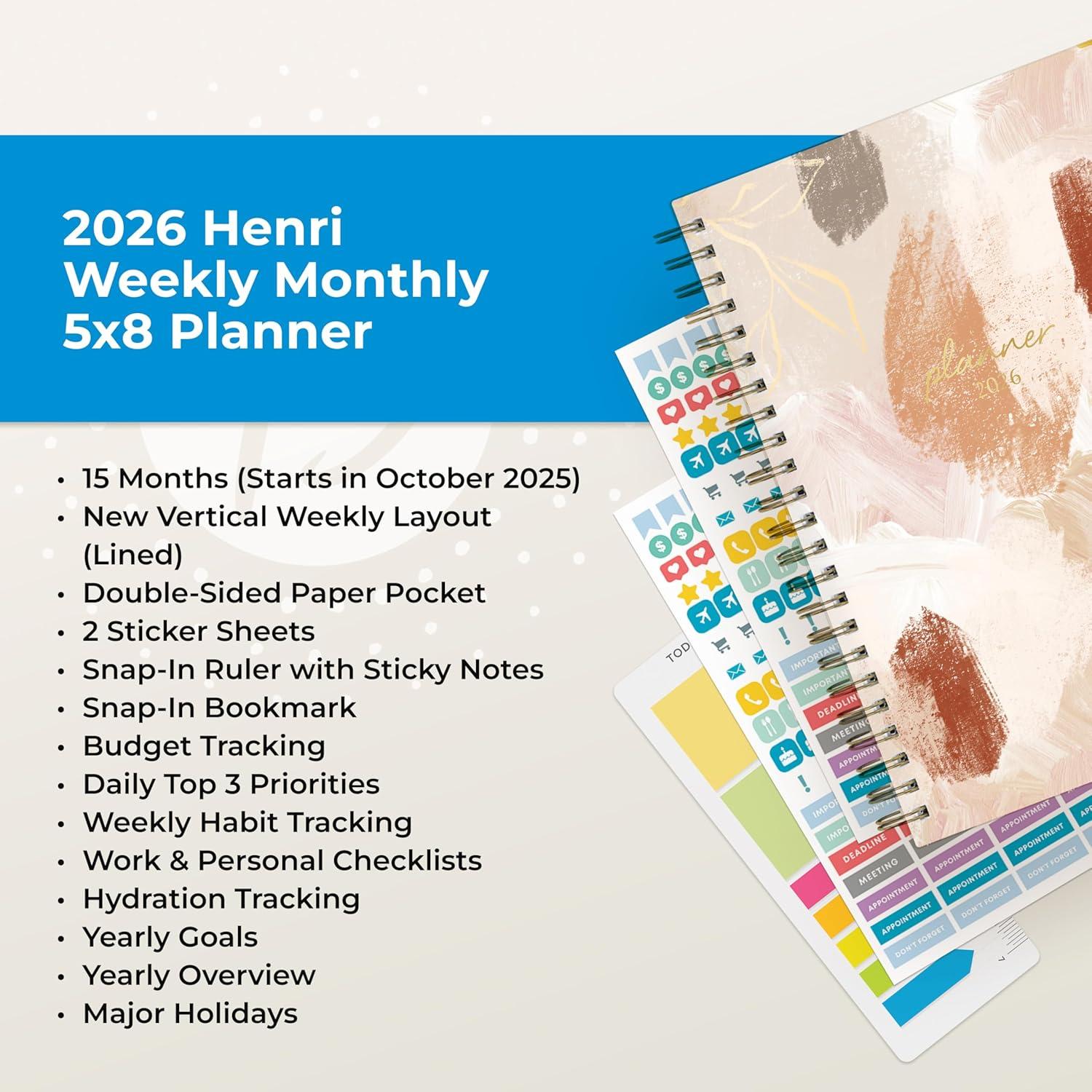 imageBlue Sky 15 Month 2026 Weekly and Monthly Planner Calendar October 2025 December 2026 5quot x 8quot Hard Cover Durable Twin Wire Binding Laminated Tabs Storage Pocket Includes Ruler Sticky Notes ampamp Stickers HenriHenri 2026