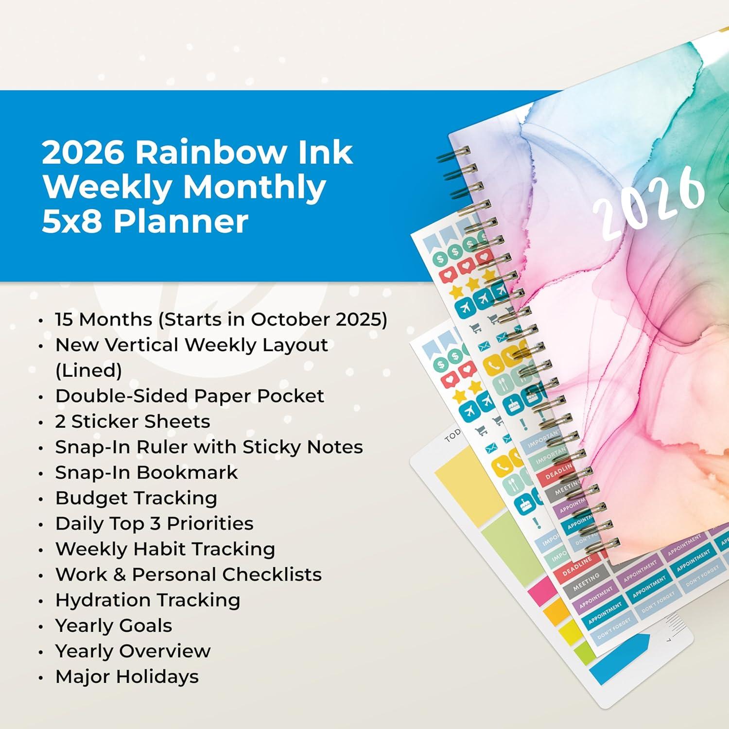 imageBlue Sky 15 Month 2026 Weekly and Monthly Planner Calendar October 2025 December 2026 5quot x 8quot Hard Cover Durable Twin Wire Binding Laminated Tabs Storage Pocket Includes Ruler Sticky Notes ampamp Stickers Rainbow InkRainbow Ink 2026