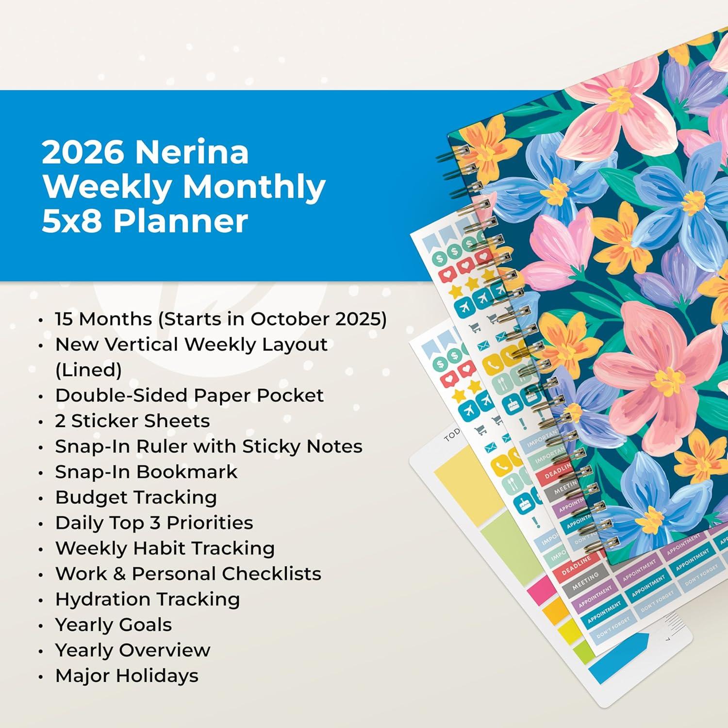 imageBlue Sky 15 Month 2026 Weekly and Monthly Planner Calendar October 2025 December 2026 5quot x 8quot Hard Cover Durable Twin Wire Binding Laminated Tabs Storage Pocket Includes Ruler Sticky Notes ampamp Stickers NerinaNerina 2026