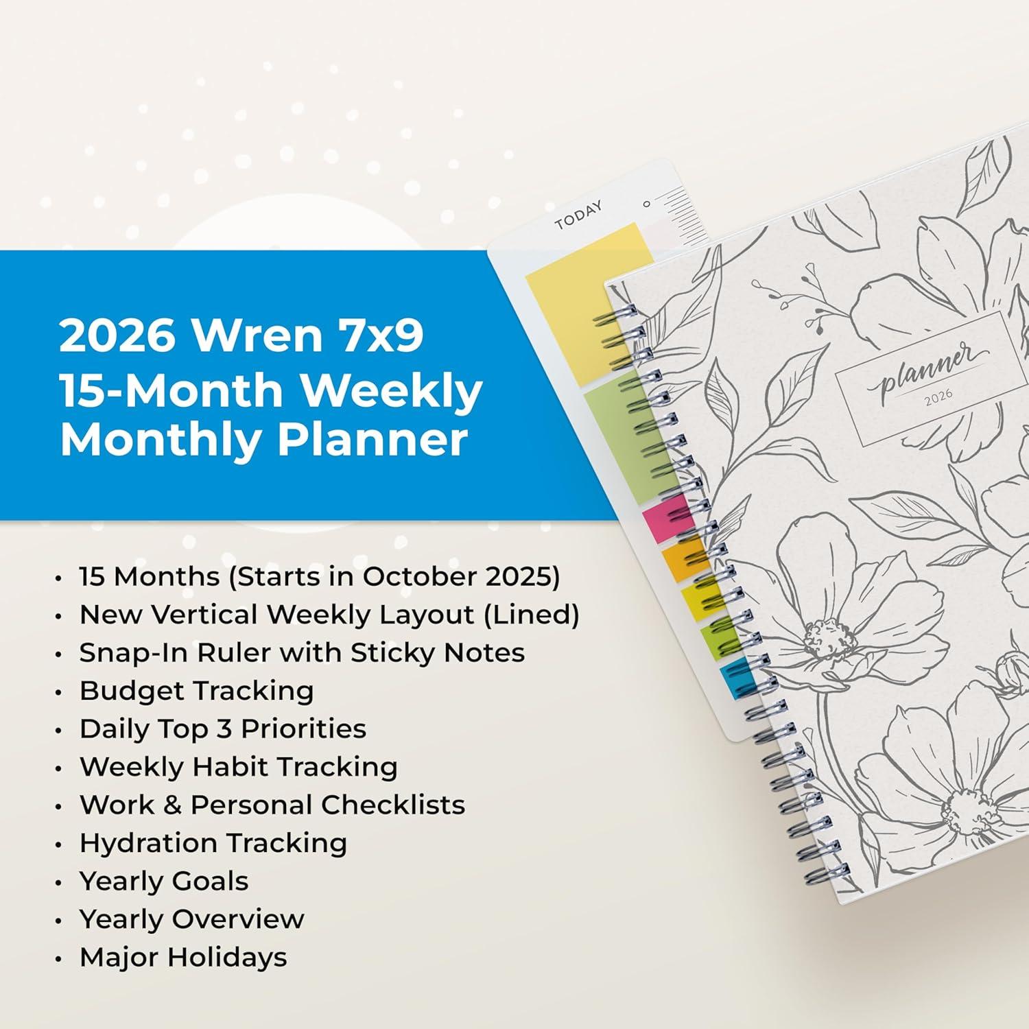 imageBlue Sky 15 Month 2026 Weekly and Monthly Planner Calendar October 2025 December 2026 7quot x 9quot Flexible Cover Durable Twin Wire Binding Laminated Tabs Includes Ruler ampamp Sticky Notes WrenWren 2026