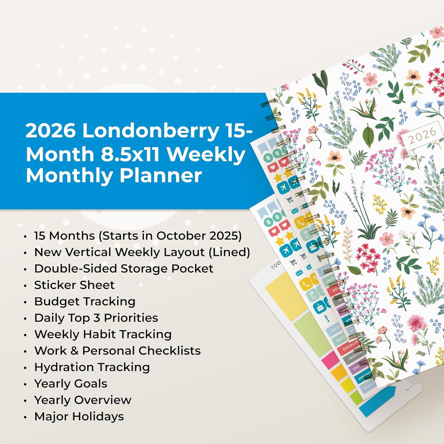 imageBlue Sky 15 Month 2026 Weekly and Monthly Planner Calendar October 2025 December 2026 85quot x 11quot Hard Cover Durable Twin Wire Binding Laminated Tabs Storage Pocket Includes Ruler Sticky Notes ampamp Stickers LondonberryLondonberry 2026
