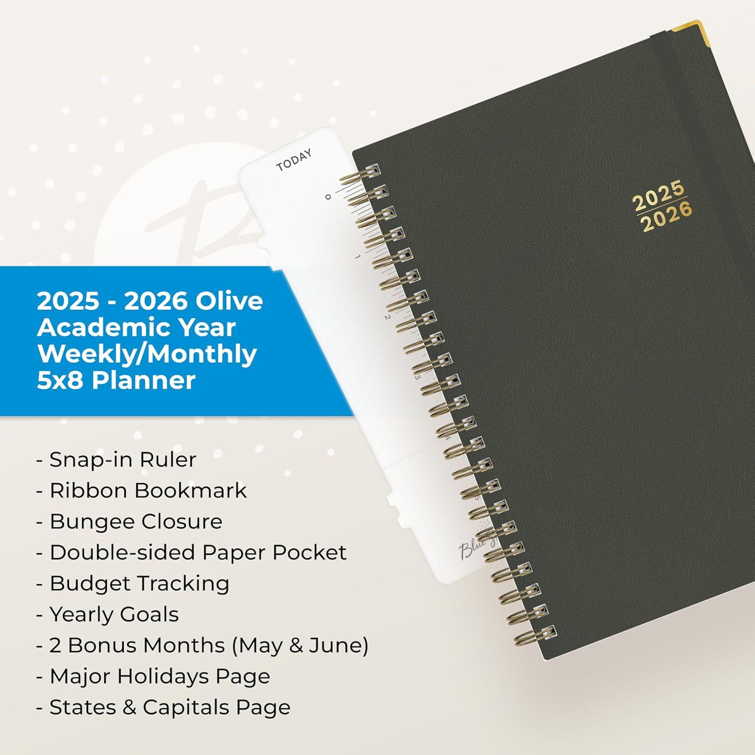 imageBlue Sky 20252026 Weekly and Monthly Academic Year Planner Calendar July 2025 June 2026 5quot x 8quot Faux Leather Cover Wirebound Storage Pocket Laminated Tabs Imperial RoseOlive Green 20252026