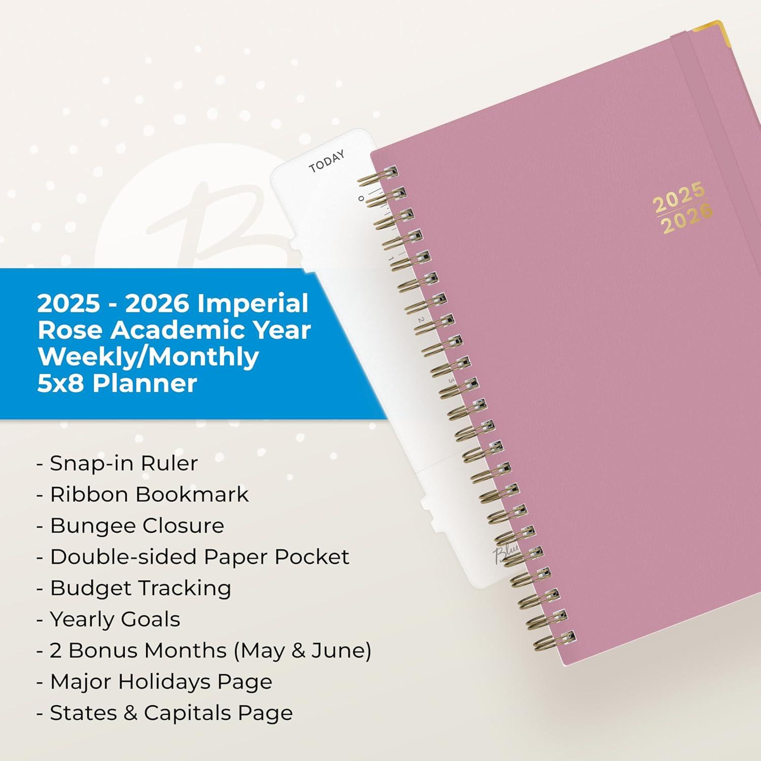 imageBlue Sky 20252026 Weekly and Monthly Academic Year Planner Calendar July 2025 June 2026 5quot x 8quot Faux Leather Cover Wirebound Storage Pocket Laminated Tabs Imperial RoseImperial Rose 20252026