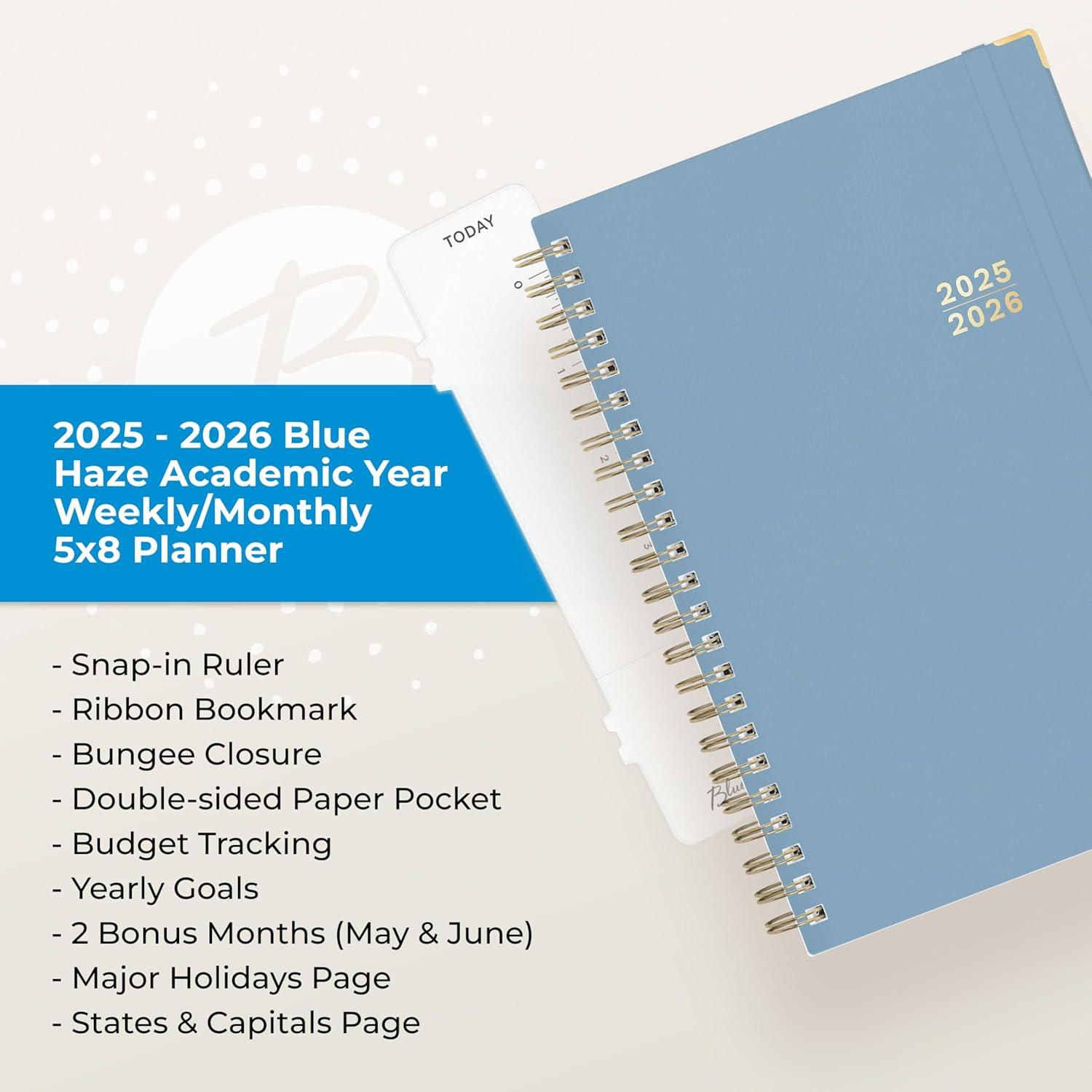 imageBlue Sky 20252026 Weekly and Monthly Academic Year Planner Calendar July 2025 June 2026 5quot x 8quot Faux Leather Cover Wirebound Storage Pocket Laminated Tabs Imperial RoseBlue Haze 20252026