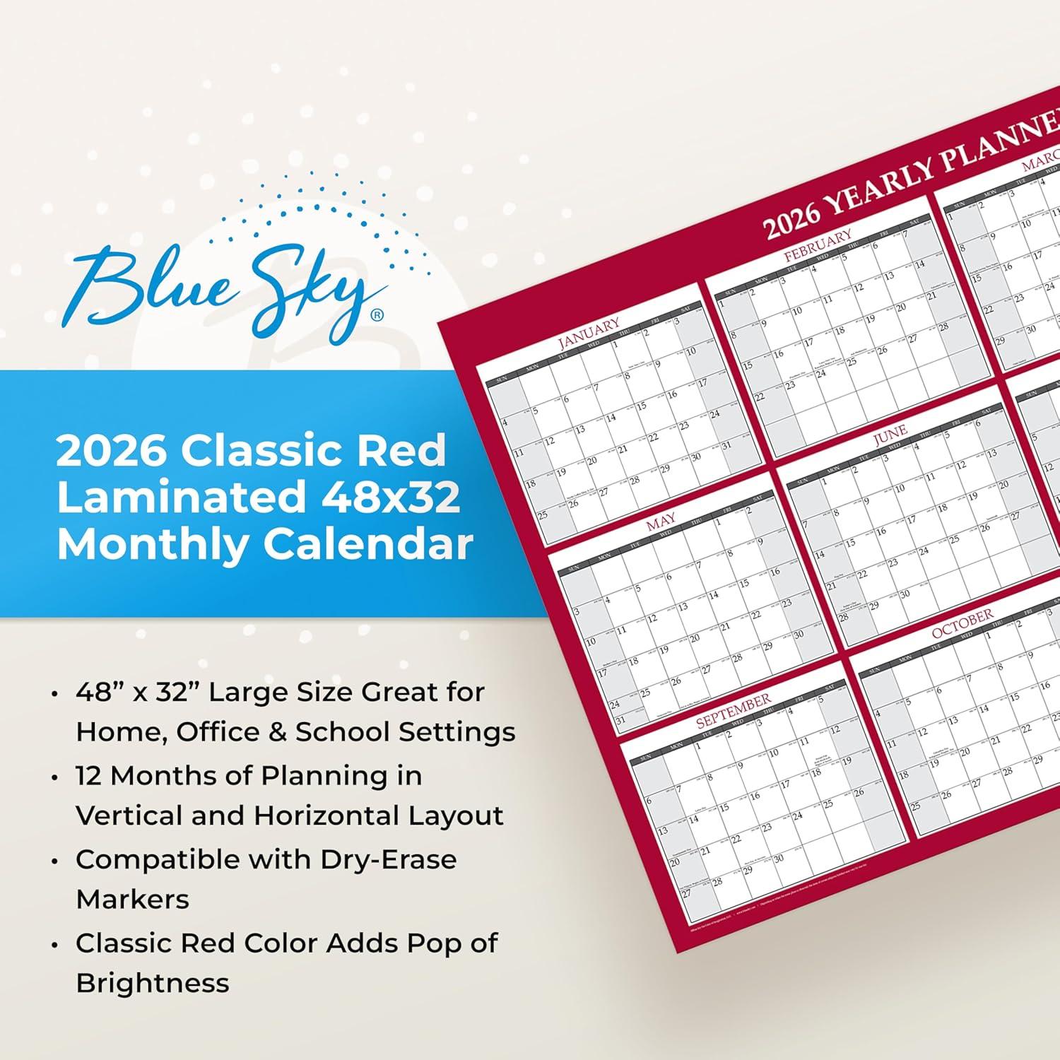 imageBlue Sky 2026 Laminated Erasable Wall Calendar Double Sided With Two Monthly Layouts 48quot x 32quot Perfect For Workplace And Classrooms With Pen Classic RedClassic Red 2026