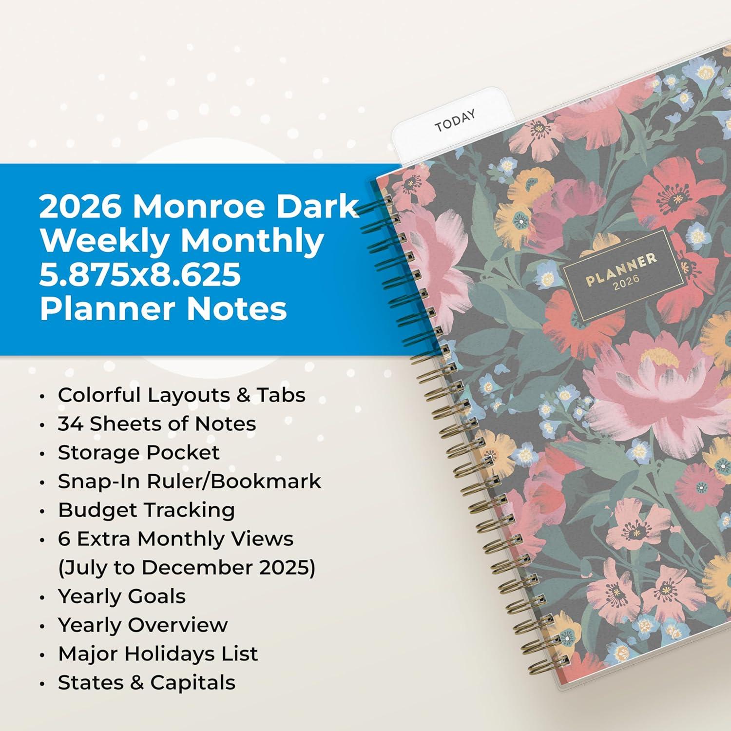 imageBlue Sky 2026 Weekly and Monthly Planner Calendar January 2026 December 2026 5875 x 8625 Flexible Cover Storage Pocket Ruler Colorful Interior Includes Extra 30 Sheets of Notes BlackMonroe Dark 2026