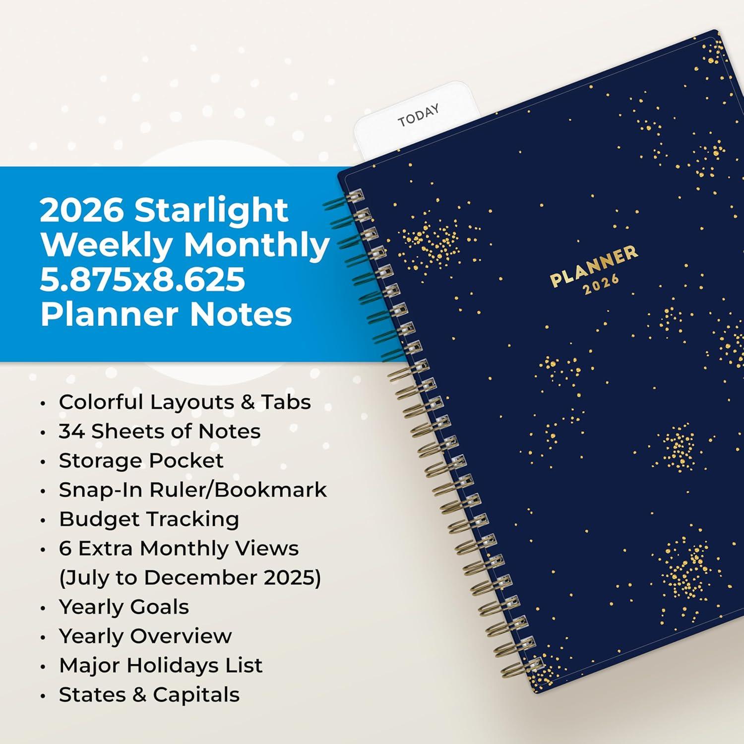 imageBlue Sky 2026 Weekly and Monthly Planner Calendar January 2026 December 2026 5875 x 8625 Flexible Cover Storage Pocket Ruler Colorful Interior Includes Extra 30 Sheets of Notes BlackStarlight 2026