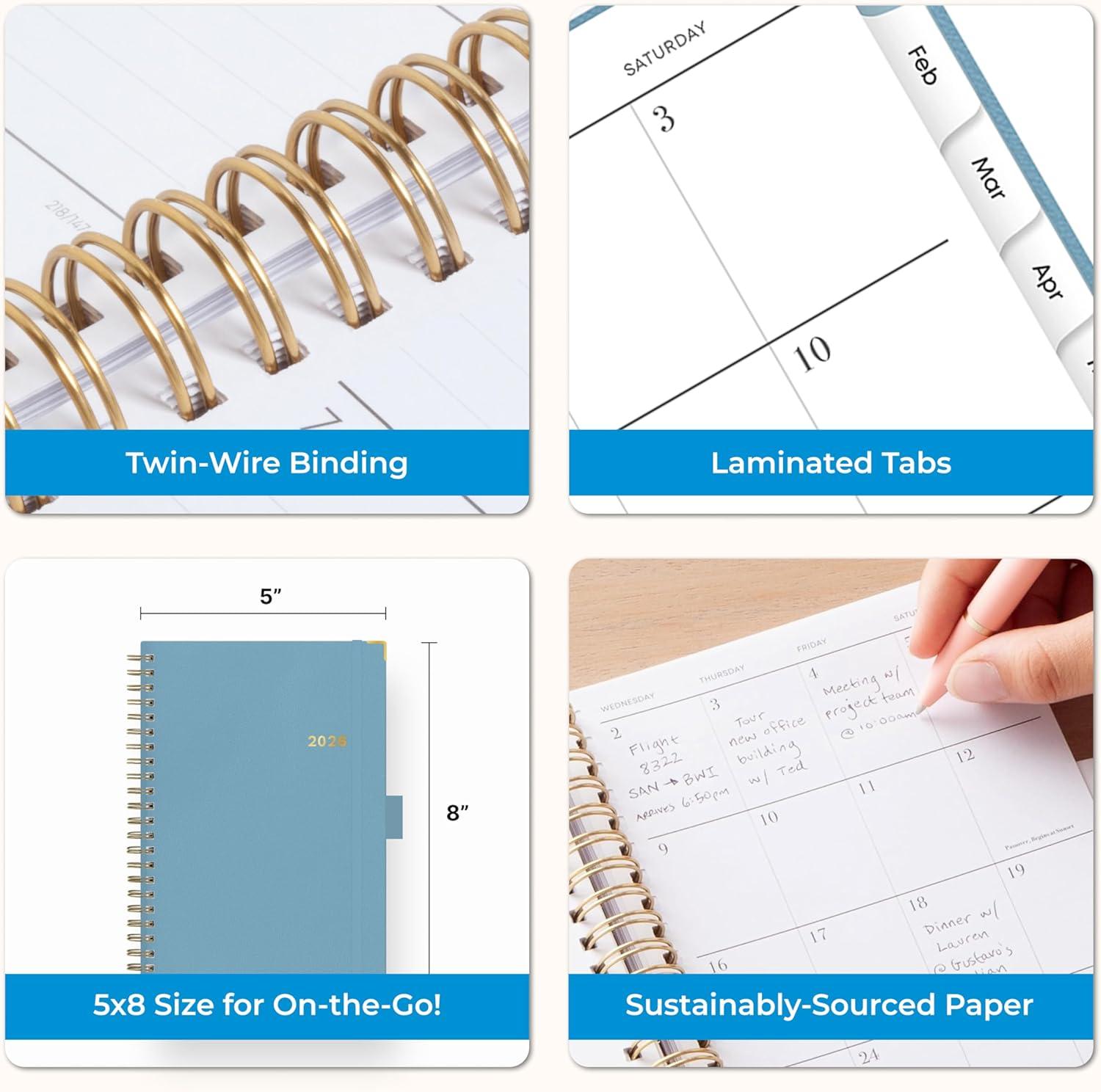 imageBlue Sky 2026 Weekly and Monthly Planner Calendar January 2026 December 2026 5quot x 8quot Faux Leather Cover Durable Twin Wire Binding Storage Pocket Laminated Tabs Includes Pen Loop Bungee Ruler BlackBlue Haze 2026