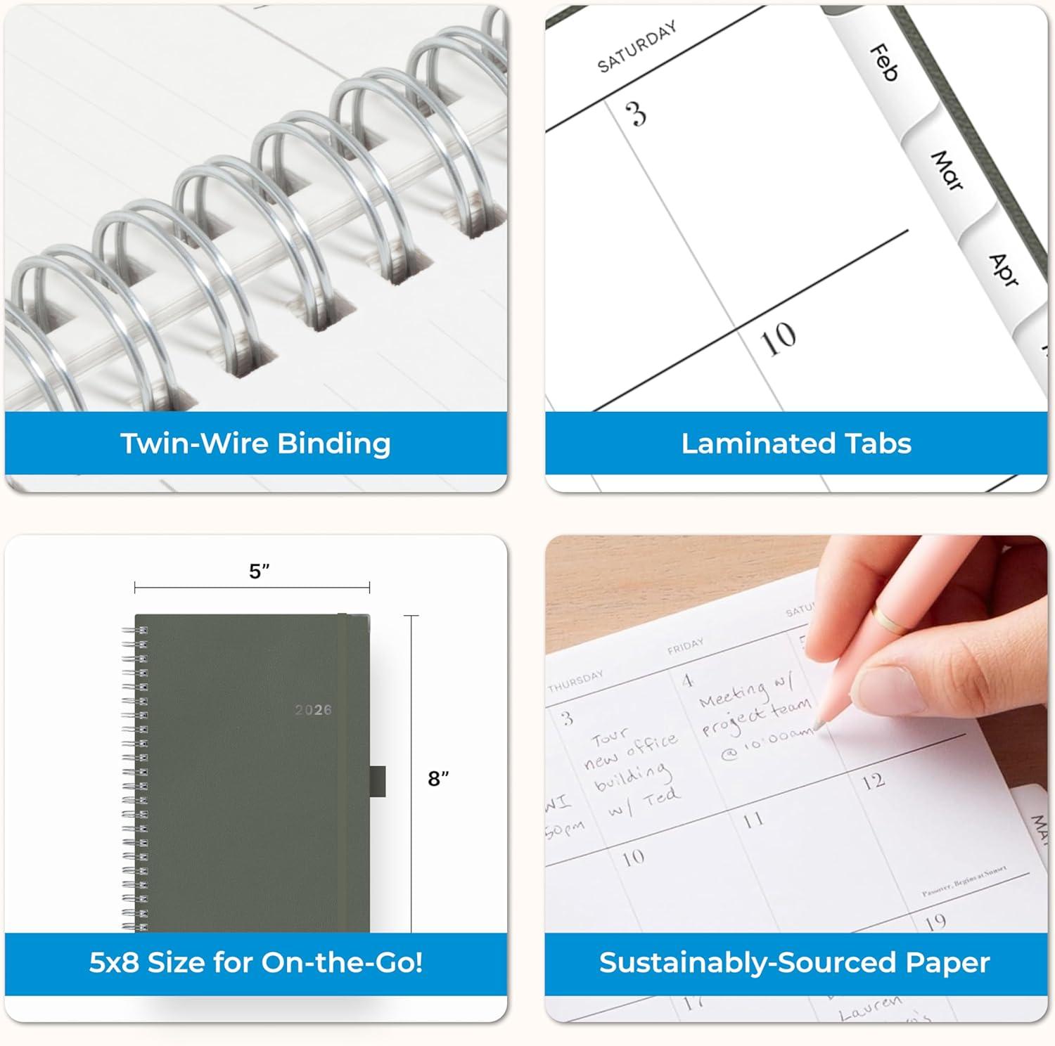 imageBlue Sky 2026 Weekly and Monthly Planner Calendar January 2026 December 2026 5quot x 8quot Faux Leather Cover Durable Twin Wire Binding Storage Pocket Laminated Tabs Includes Pen Loop Bungee Ruler BlackSlate Gray 2026