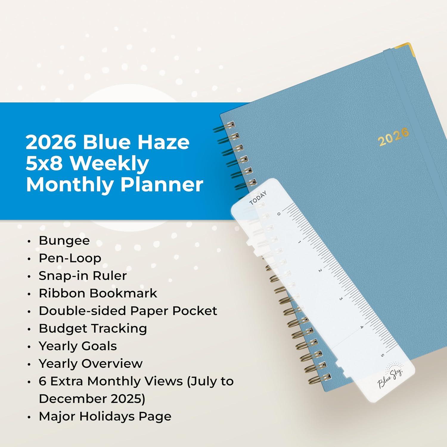 imageBlue Sky 2026 Weekly and Monthly Planner Calendar January 2026 December 2026 5quot x 8quot Faux Leather Cover Durable Twin Wire Binding Storage Pocket Laminated Tabs Includes Pen Loop Bungee Ruler BlackBlue Haze 2026