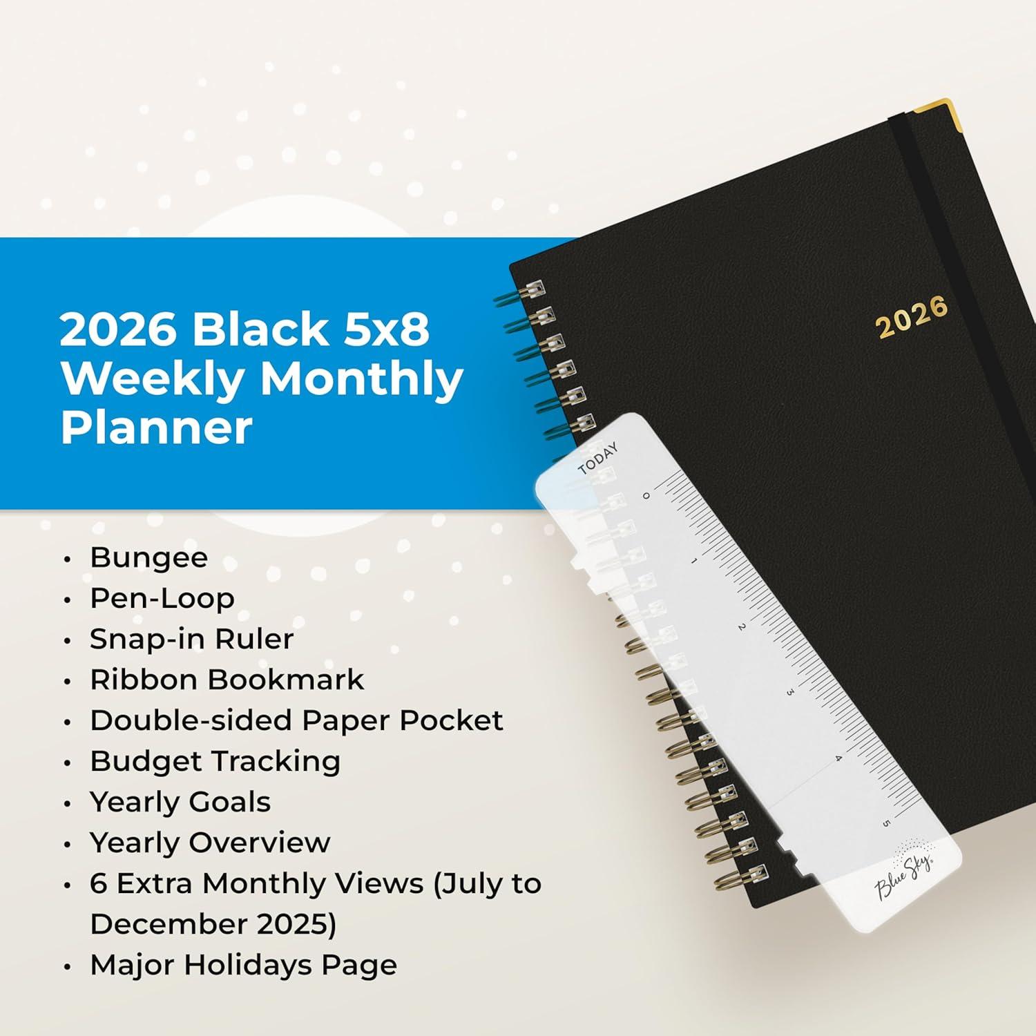 imageBlue Sky 2026 Weekly and Monthly Planner Calendar January 2026 December 2026 5quot x 8quot Faux Leather Cover Durable Twin Wire Binding Storage Pocket Laminated Tabs Includes Pen Loop Bungee Ruler BlackBlack 2026