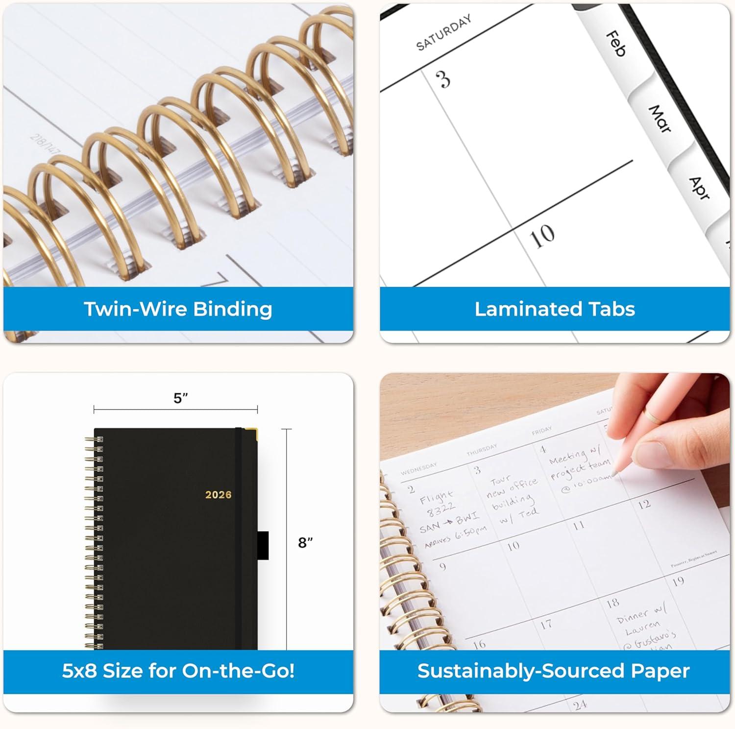 imageBlue Sky 2026 Weekly and Monthly Planner Calendar January 2026 December 2026 5quot x 8quot Faux Leather Cover Durable Twin Wire Binding Storage Pocket Laminated Tabs Includes Pen Loop Bungee Ruler BlackBlack 2026