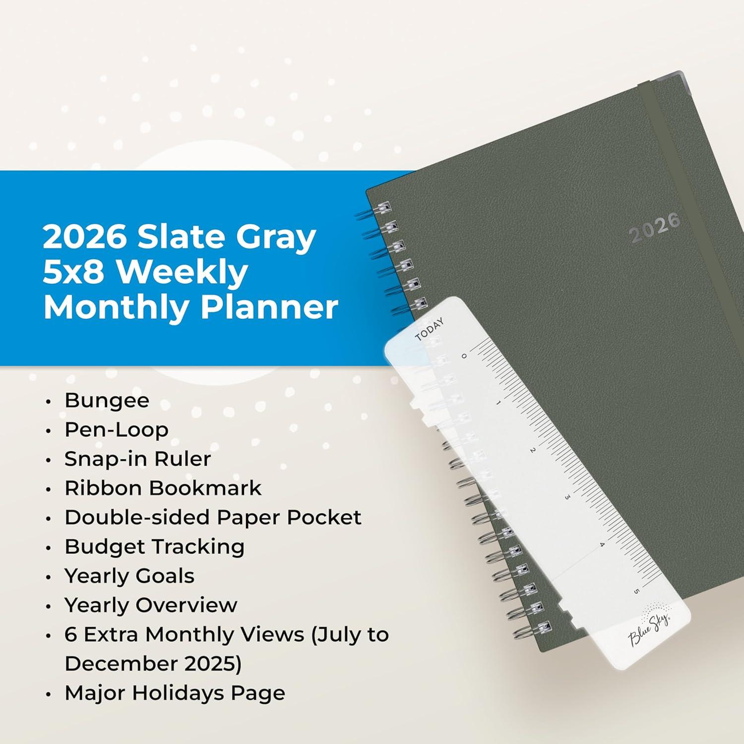 imageBlue Sky 2026 Weekly and Monthly Planner Calendar January 2026 December 2026 5quot x 8quot Faux Leather Cover Durable Twin Wire Binding Storage Pocket Laminated Tabs Includes Pen Loop Bungee Ruler BlackSlate Gray 2026