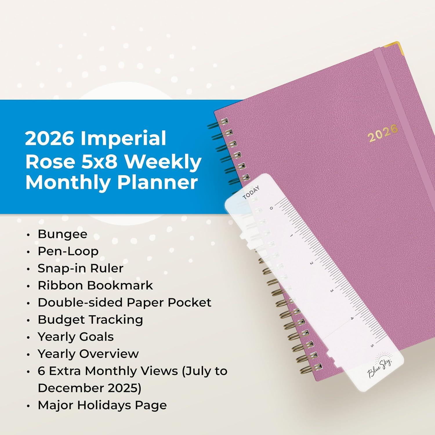 imageBlue Sky 2026 Weekly and Monthly Planner Calendar January 2026 December 2026 5quot x 8quot Faux Leather Cover Durable Twin Wire Binding Storage Pocket Laminated Tabs Includes Pen Loop Bungee Ruler BlackImperial Rose 2026