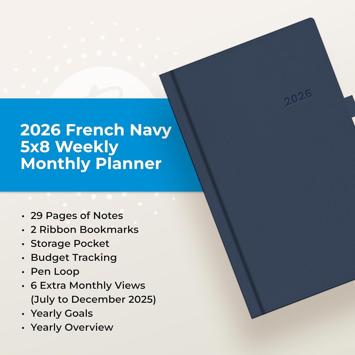 imageBlue Sky 2026 Weekly and Monthly Planner Calendar January 2026 December 2026 5quot x 8quot Faux Leather Hard Cover Bookbound Tabs Pen Loop French NavyFrench Navy 2026