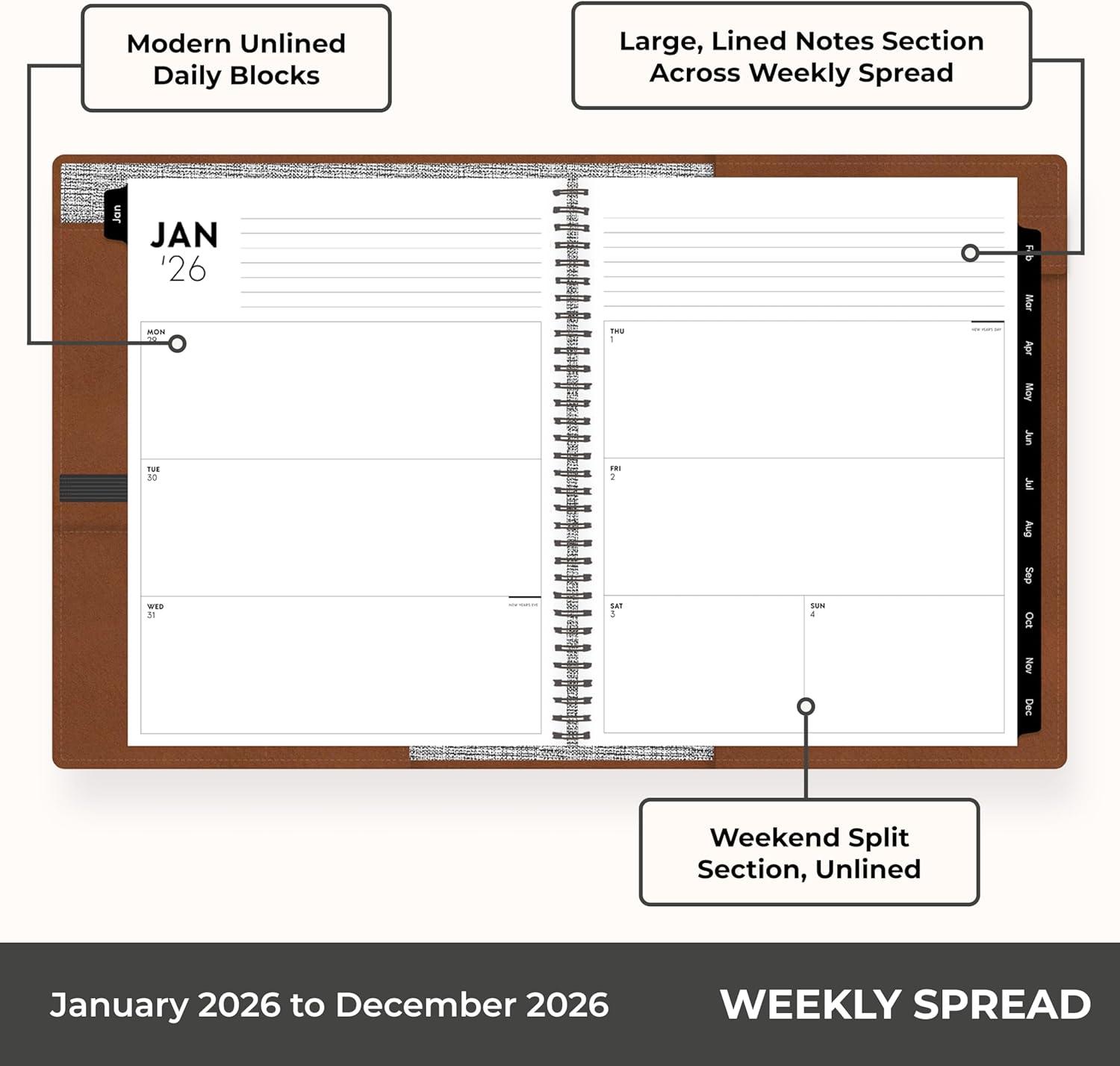 imageBlue Sky ASMBLD 2026 Weekly and Monthly Planner Calendar January 2026 December 2026 5quot x 8quot Faux Leather Cover Durable Twin Wire Binding Storage Pocket Laminated Tabs Refillable Pen Loop TanTan 2026