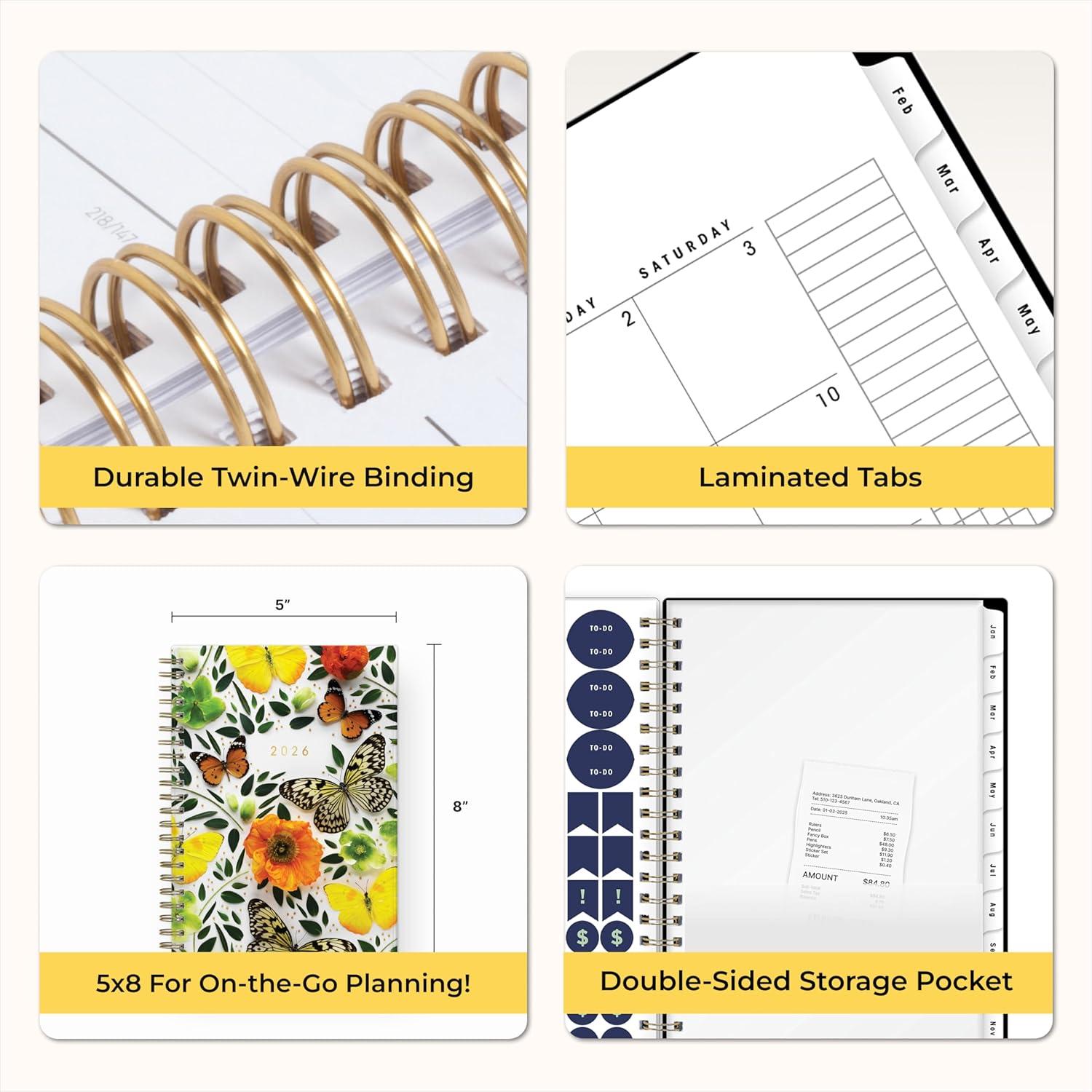 imageBlue Sky Artisans ampamp Makers Sara Harding 2026 Weekly and Monthly Planner January 2026 December 2026 5quot x 8quot Flexible Cover Durable Wire Binding Laminated Tabs Pocket Stickers ButterfliesButterflies 2026