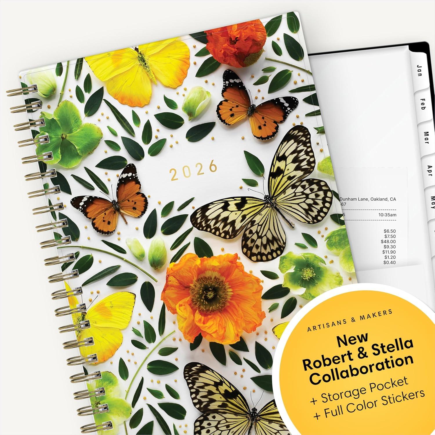 imageBlue Sky Artisans ampamp Makers Sara Harding 2026 Weekly and Monthly Planner January 2026 December 2026 5quot x 8quot Flexible Cover Durable Wire Binding Laminated Tabs Pocket Stickers ButterfliesButterflies 2026