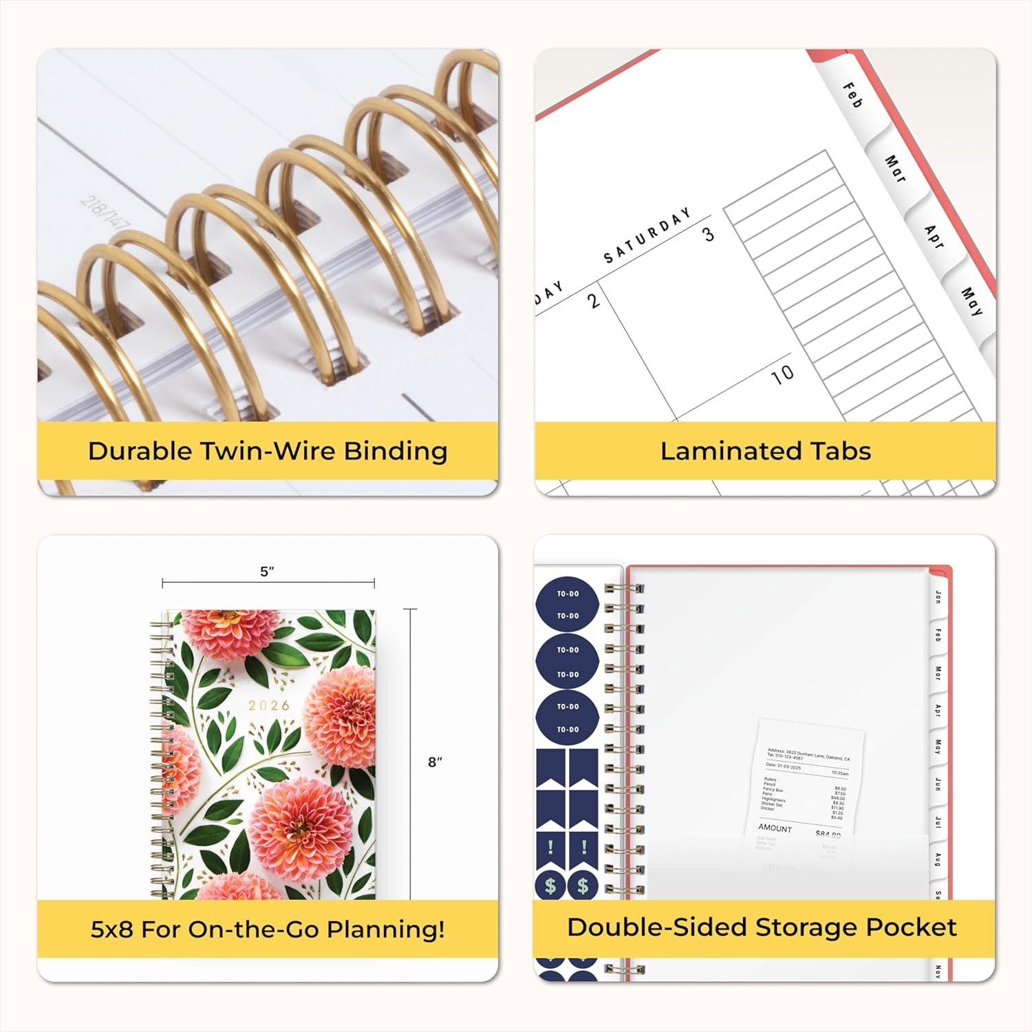 imageBlue Sky Artisans ampamp Makers Sara Harding 2026 Weekly and Monthly Planner January 2026 December 2026 5quot x 8quot Flexible Cover Durable Wire Binding Laminated Tabs Pocket Stickers Bright DahliasBright Dahlias 2026