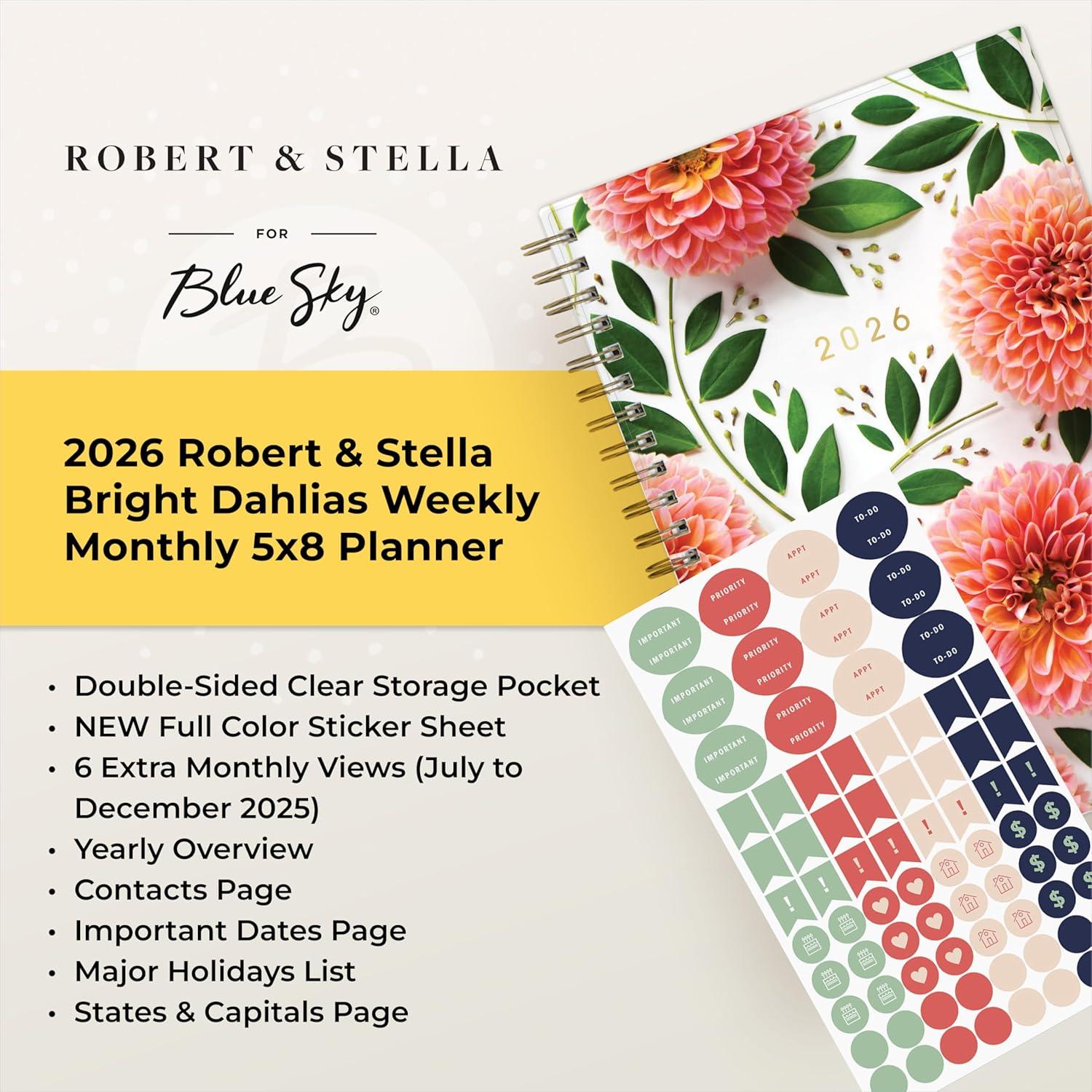 imageBlue Sky Artisans ampamp Makers Sara Harding 2026 Weekly and Monthly Planner January 2026 December 2026 5quot x 8quot Flexible Cover Durable Wire Binding Laminated Tabs Pocket Stickers Bright DahliasBright Dahlias 2026