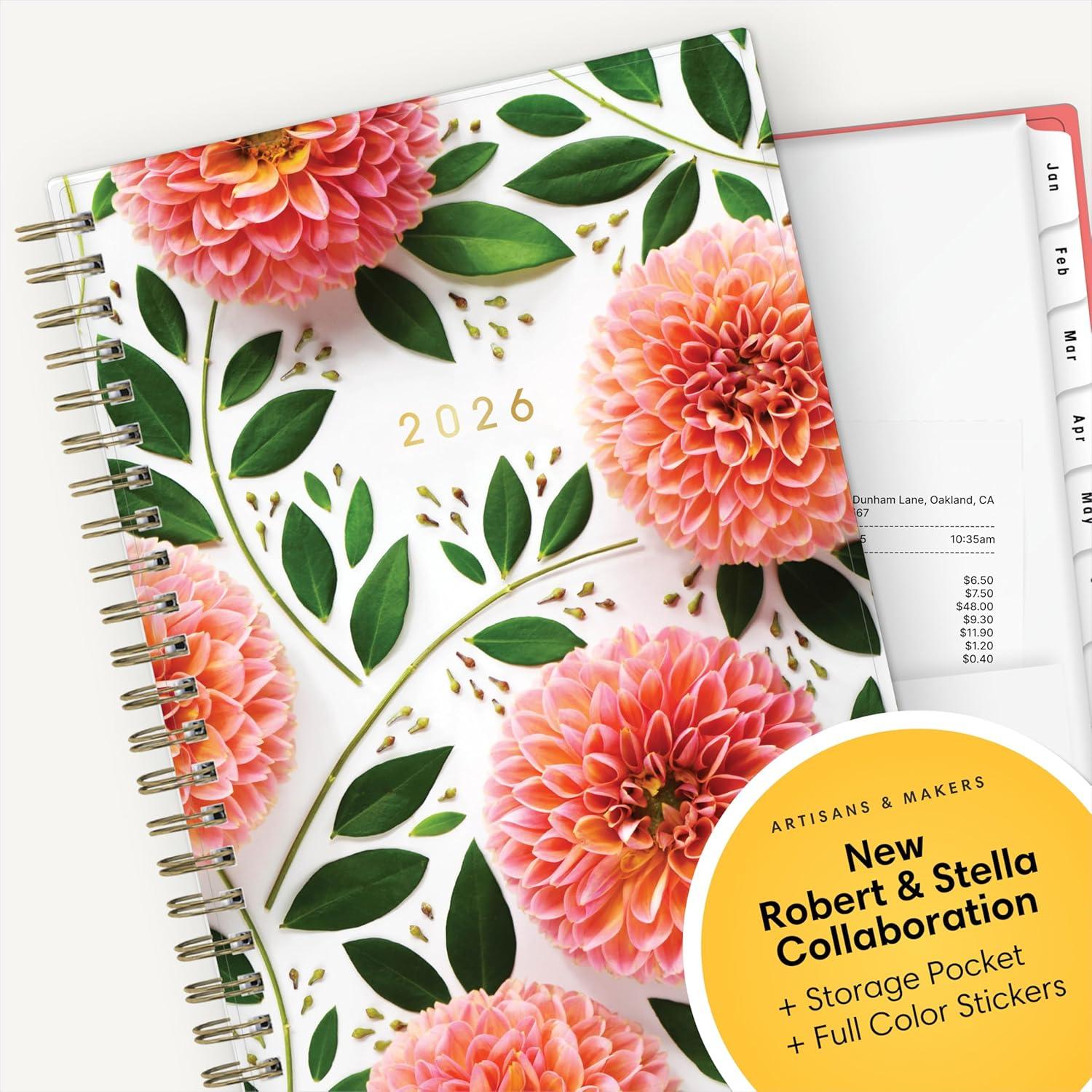 imageBlue Sky Artisans ampamp Makers Sara Harding 2026 Weekly and Monthly Planner January 2026 December 2026 5quot x 8quot Flexible Cover Durable Wire Binding Laminated Tabs Pocket Stickers Bright DahliasBright Dahlias 2026