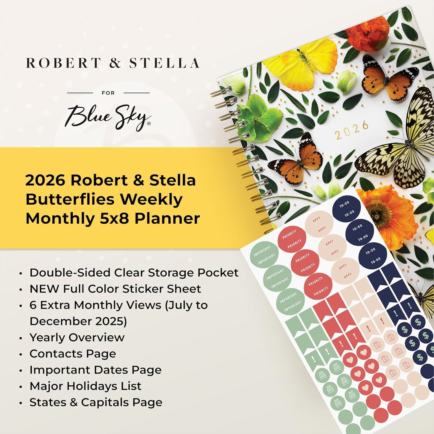 imageBlue Sky Artisans ampamp Makers Sara Harding 2026 Weekly and Monthly Planner January 2026 December 2026 5quot x 8quot Flexible Cover Durable Wire Binding Laminated Tabs Pocket Stickers ButterfliesButterflies 2026