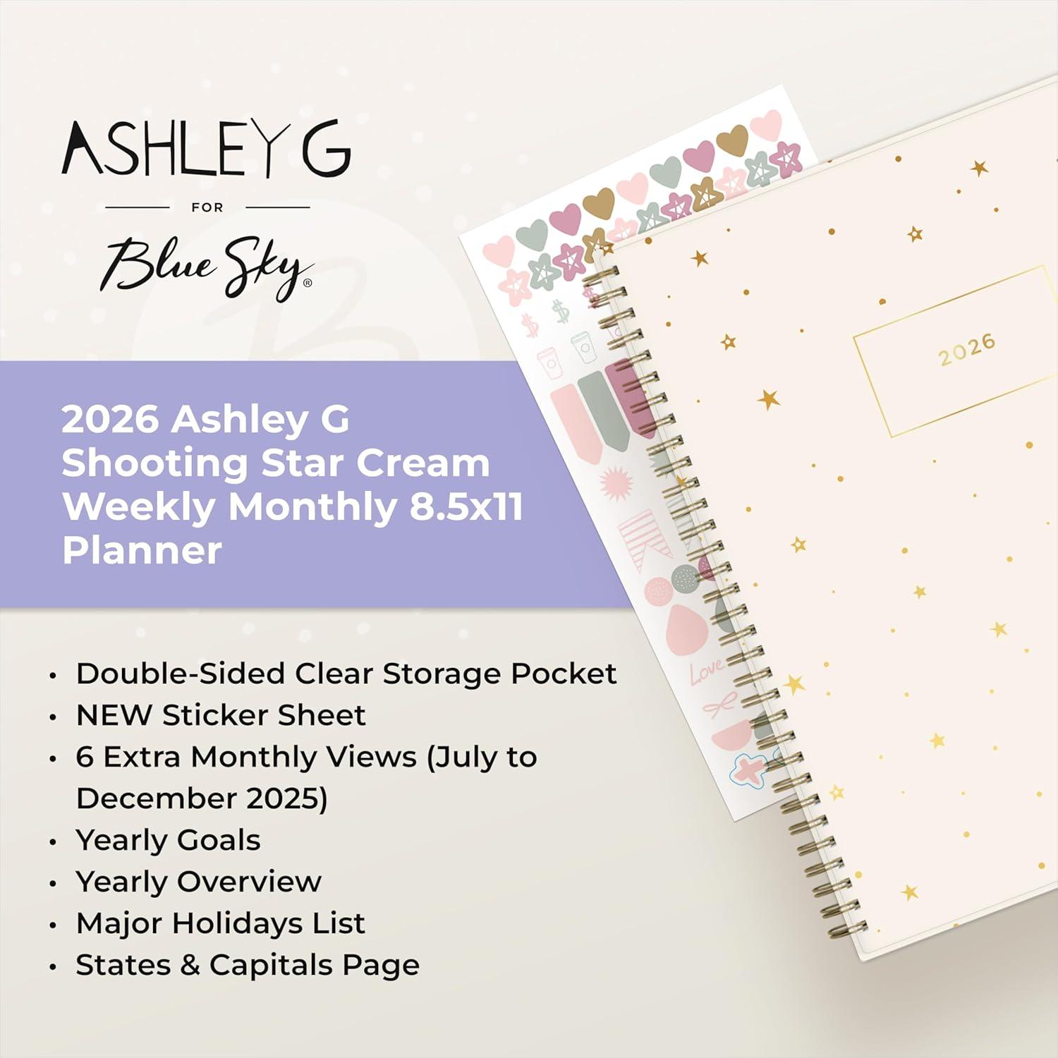 imageBlue Sky Ashley G 2026 Weekly and Monthly Planner Calendar January 2026 December 2026 85quot x 11quot Flexible Cover Durable Twin Wire Binding Laminated Tabs Pocket ampamp Stickers Shooting Stars CreamShooting Stars Cream 2026