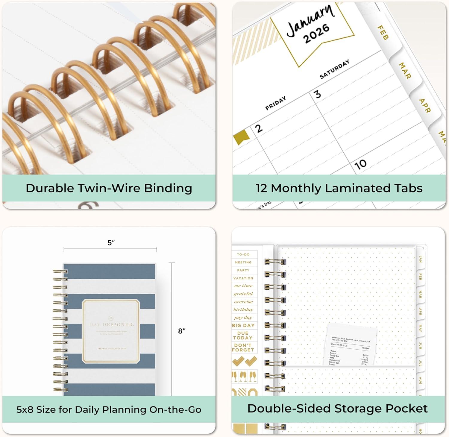 imageBlue Sky Day Designer 2026 Daily and Monthly Planner Calendar January 2026 December 2026 8quot x 10quot Flexible Cover Laminated Tabs Includes Storage Pocket Stickers Rugby Stripe NavyRugby Stripe Navy 2026