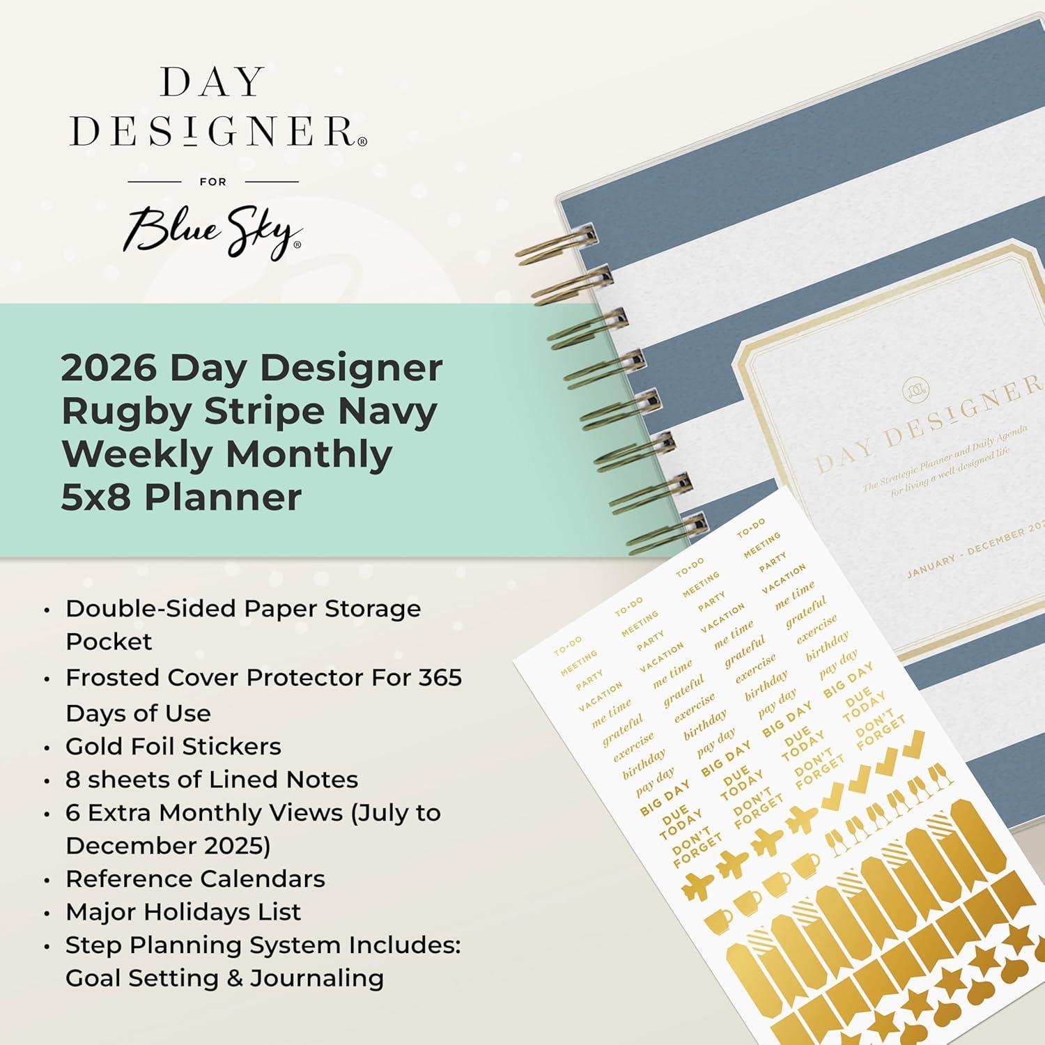imageBlue Sky Day Designer 2026 Daily and Monthly Planner Calendar January 2026 December 2026 8quot x 10quot Flexible Cover Laminated Tabs Includes Storage Pocket Stickers Rugby Stripe NavyRugby Stripe Navy 2026