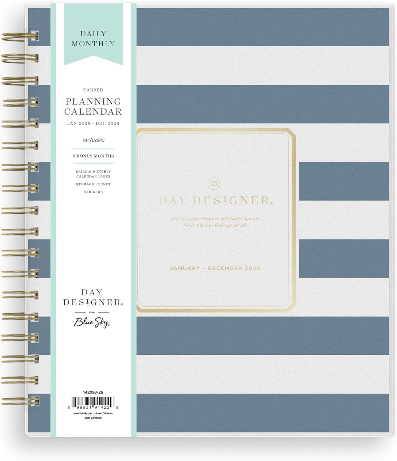 imageBlue Sky Day Designer 2026 Daily and Monthly Planner Calendar January 2026 December 2026 8quot x 10quot Flexible Cover Laminated Tabs Includes Storage Pocket Stickers Rugby Stripe NavyRugby Stripe Navy 2026