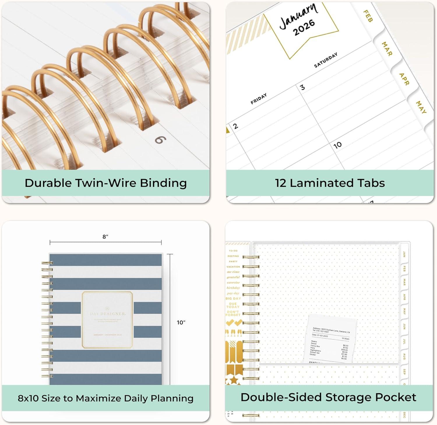 imageBlue Sky Day Designer 2026 Daily and Monthly Planner Calendar January 2026 December 2026 8quot x 10quot Flexible Cover Laminated Tabs Includes Storage Pocket Stickers Rugby Stripe NavyRugby Stripe Navy 2026