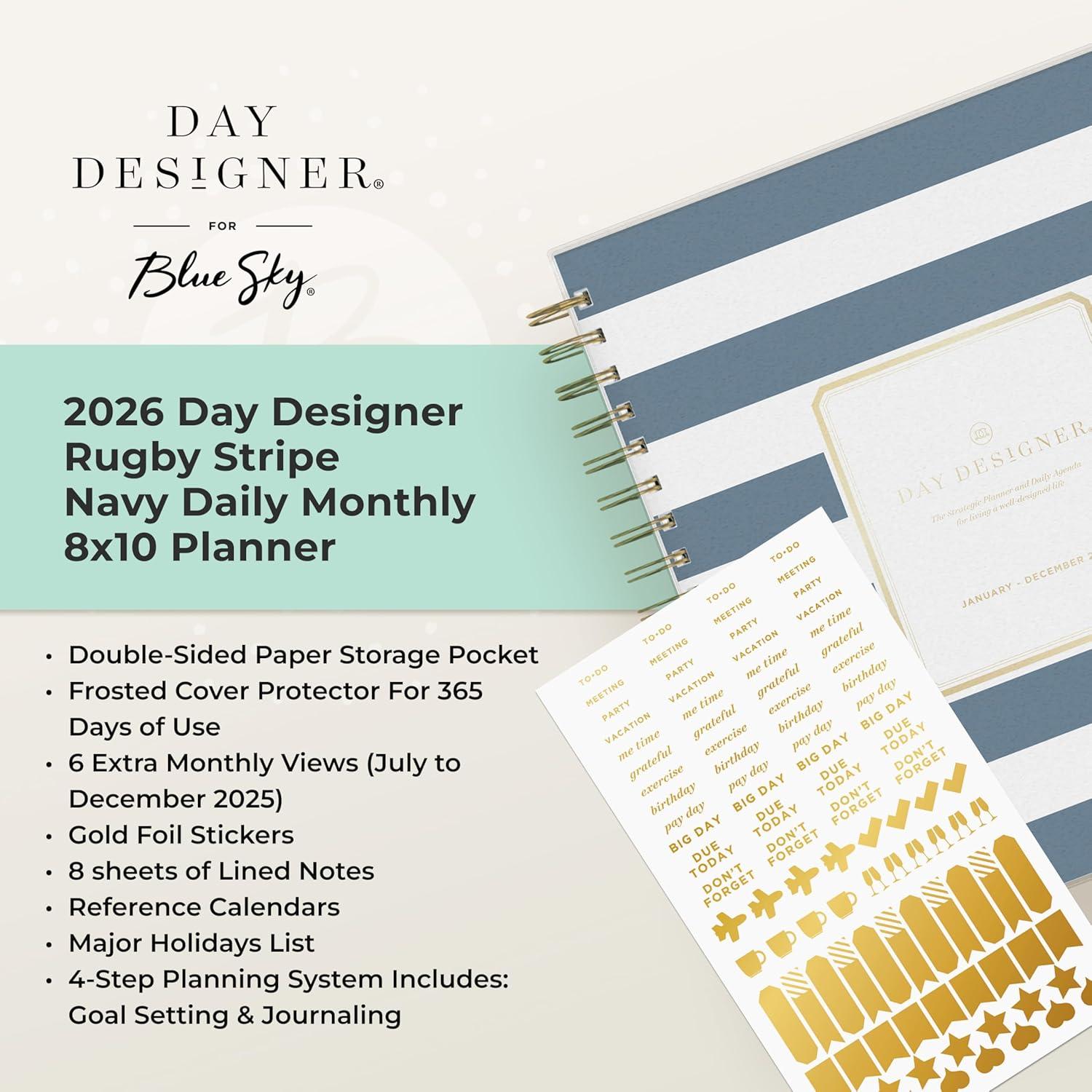 imageBlue Sky Day Designer 2026 Daily and Monthly Planner Calendar January 2026 December 2026 8quot x 10quot Flexible Cover Laminated Tabs Includes Storage Pocket Stickers Rugby Stripe NavyRugby Stripe Navy 2026