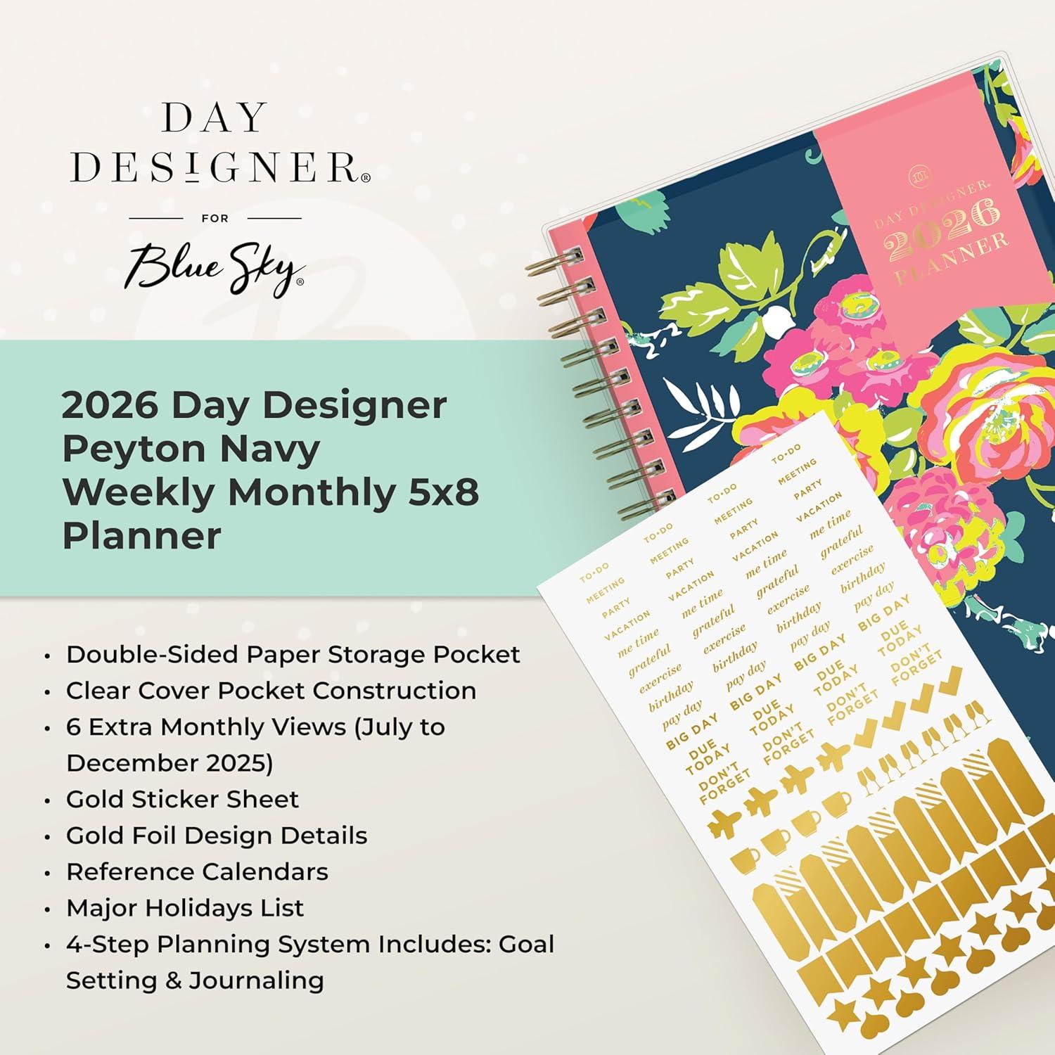 imageBlue Sky Day Designer 2026 Weekly and Monthly Planner Calendar January 2026 December 2026 5quot x 8quot Clear Pocket Cover Durable Twin Wire Binding Includes Storage Pocket Stickers Peyton NavyPeyton Navy 2026