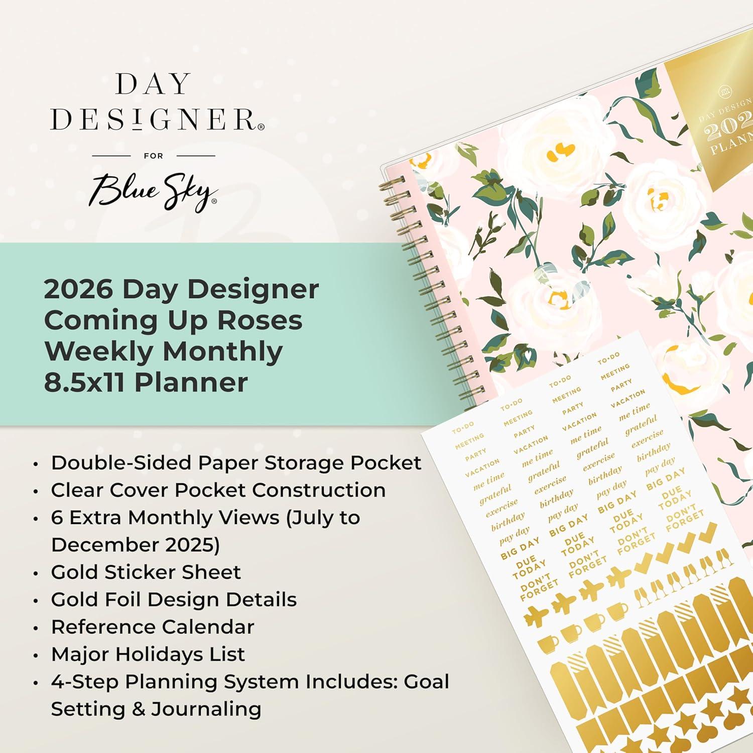 imageBlue Sky Day Designer 2026 Weekly and Monthly Planner Calendar January 2026 December 2026 5quot x 8quot Clear Pocket Cover Durable Twin Wire Binding Includes Storage Pocket Stickers Coming Up RosesComing Up Roses 2026