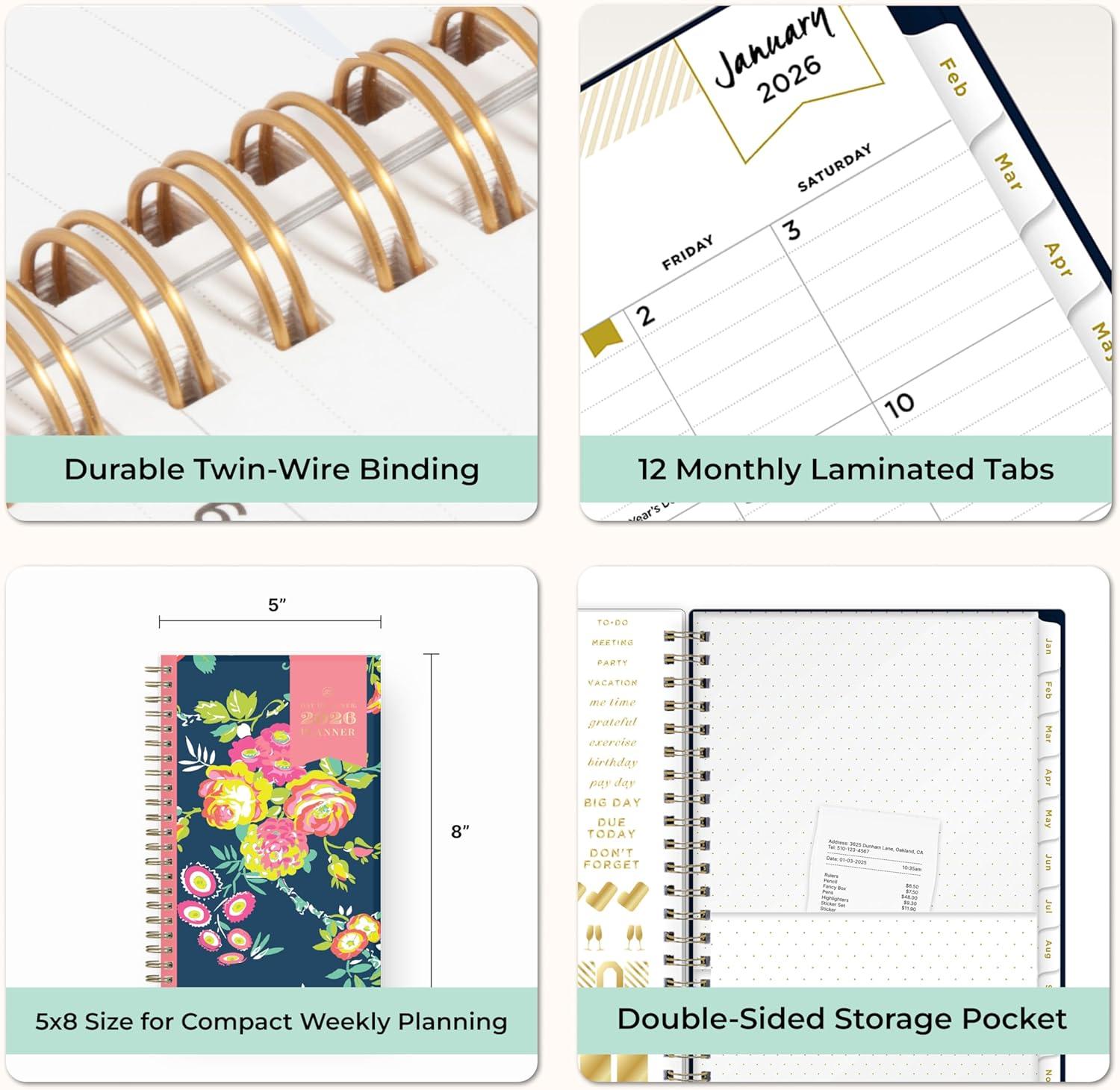 imageBlue Sky Day Designer 2026 Weekly and Monthly Planner Calendar January 2026 December 2026 5quot x 8quot Clear Pocket Cover Durable Twin Wire Binding Includes Storage Pocket Stickers Peyton NavyPeyton Navy 2026