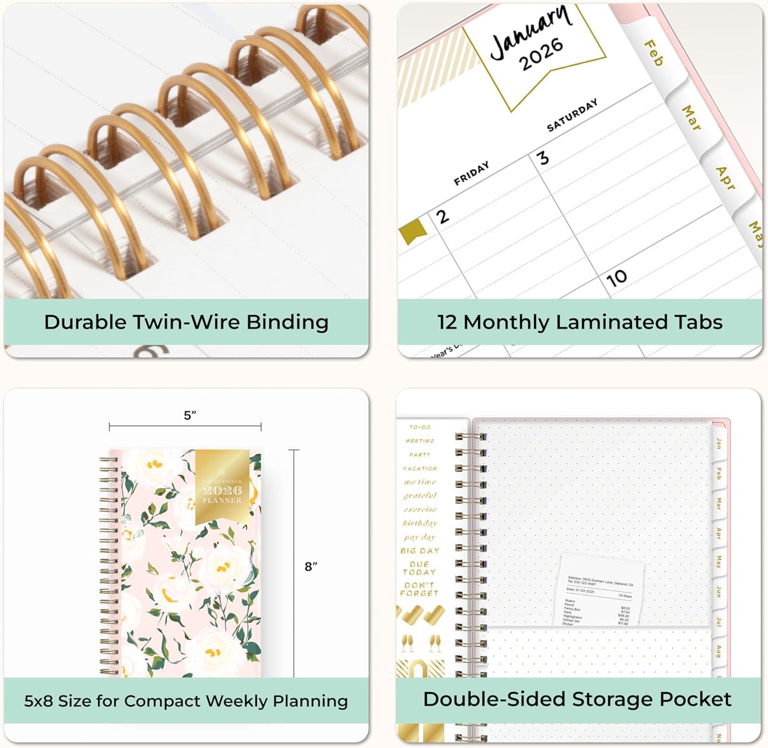 imageBlue Sky Day Designer 2026 Weekly and Monthly Planner Calendar January 2026 December 2026 5quot x 8quot Clear Pocket Cover Durable Twin Wire Binding Includes Storage Pocket Stickers Coming Up RosesComing Up Roses 2026