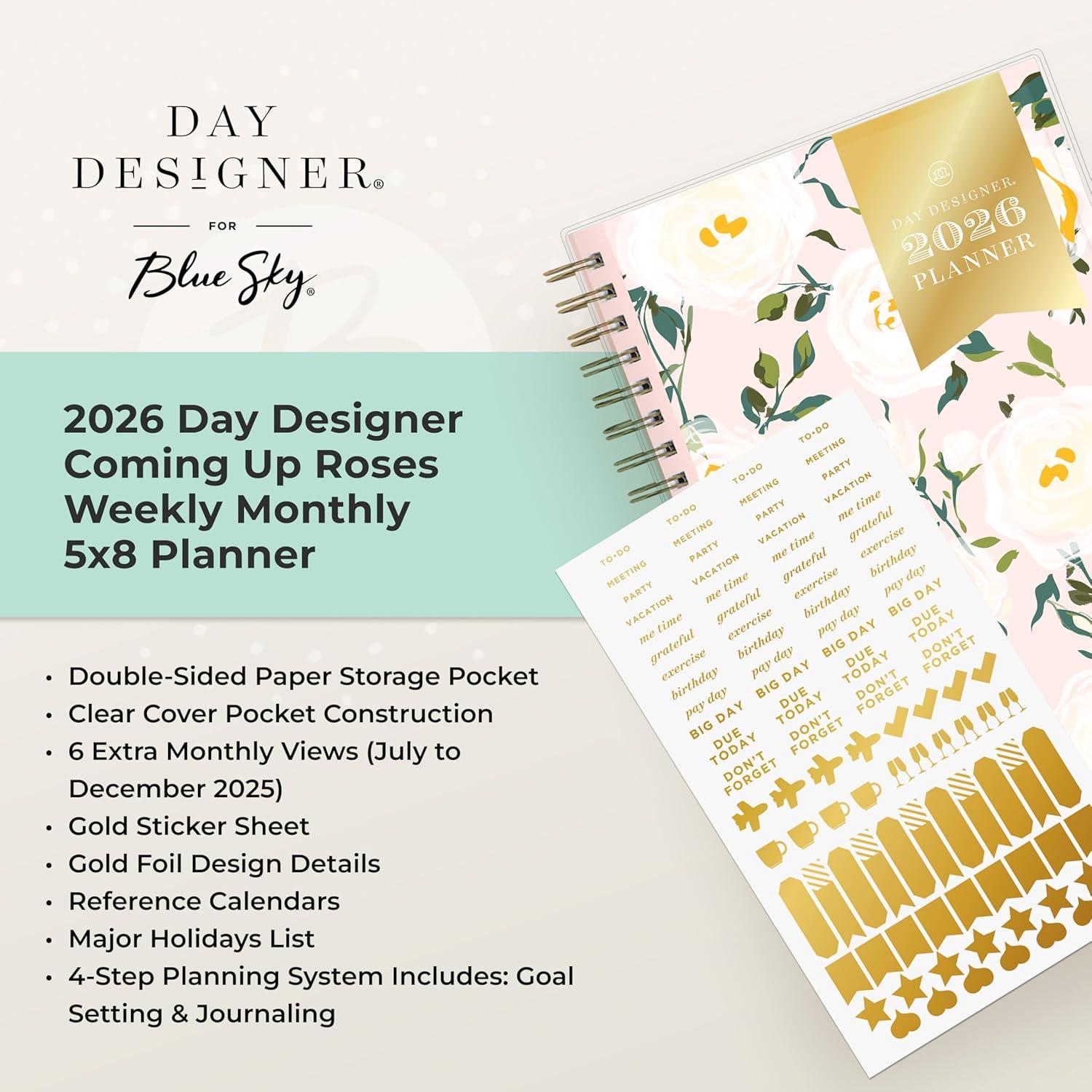 imageBlue Sky Day Designer 2026 Weekly and Monthly Planner Calendar January 2026 December 2026 5quot x 8quot Clear Pocket Cover Durable Twin Wire Binding Includes Storage Pocket Stickers Coming Up RosesComing Up Roses 2026