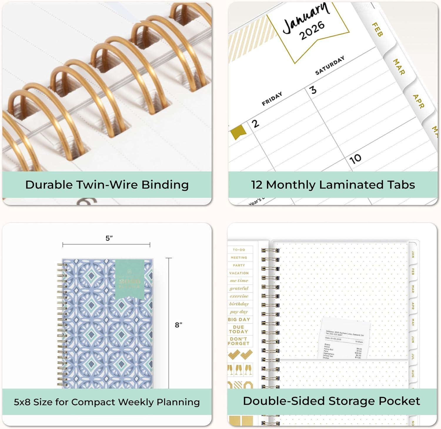imageBlue Sky Day Designer 2026 Weekly and Monthly Planner Calendar January 2026 December 2026 5quot x 8quot Flexible Cover Durable Twin Wire Binding Includes Storage Pocket Stickers TileTile 2026
