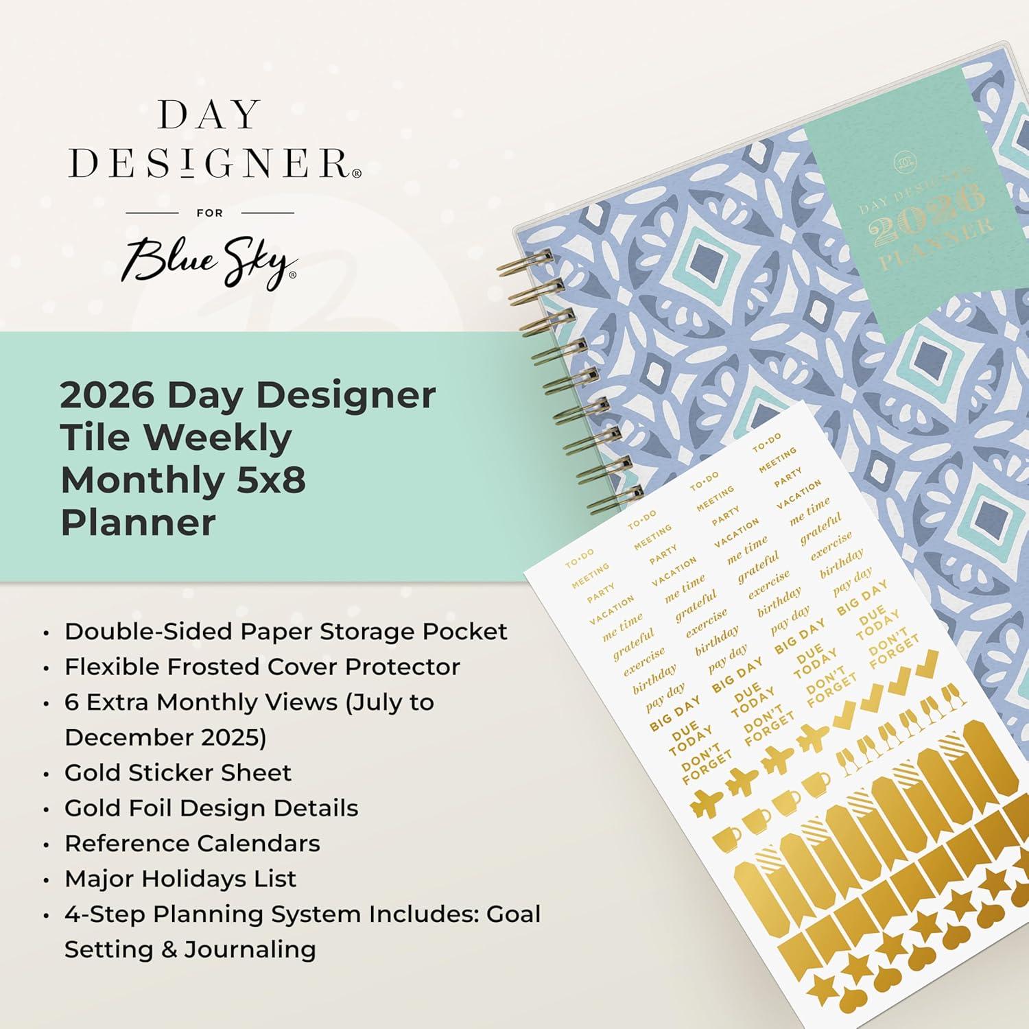 imageBlue Sky Day Designer 2026 Weekly and Monthly Planner Calendar January 2026 December 2026 5quot x 8quot Flexible Cover Durable Twin Wire Binding Includes Storage Pocket Stickers TileTile 2026