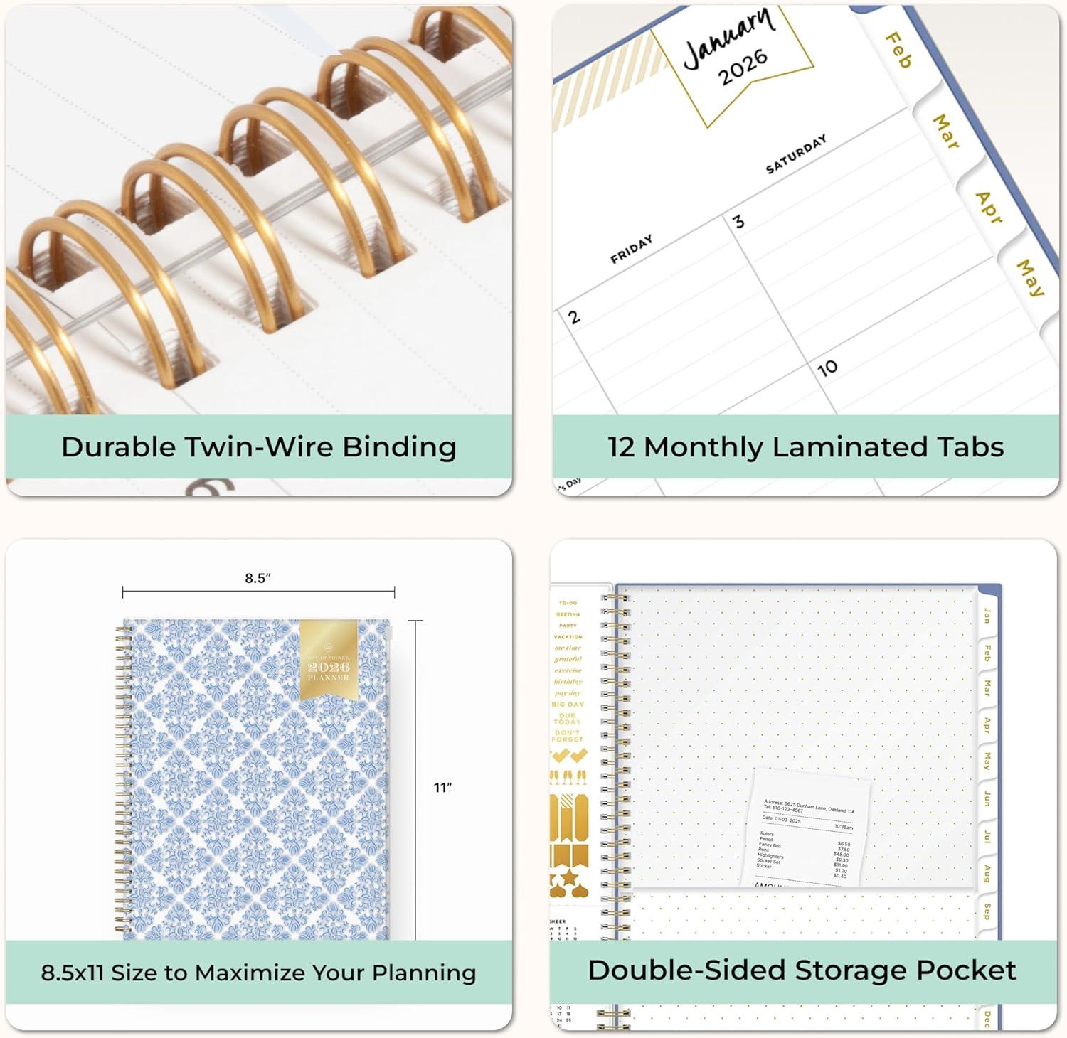 imageBlue Sky Day Designer 2026 Weekly and Monthly Planner Calendar January 2026 December 2026 5quot x 8quot Flexible Cover With Zip Pouch Durable Twin Wire Binding Storage Pocket Includes Stickers Serenity Tile BlueSerenity Tile Blue 2026
