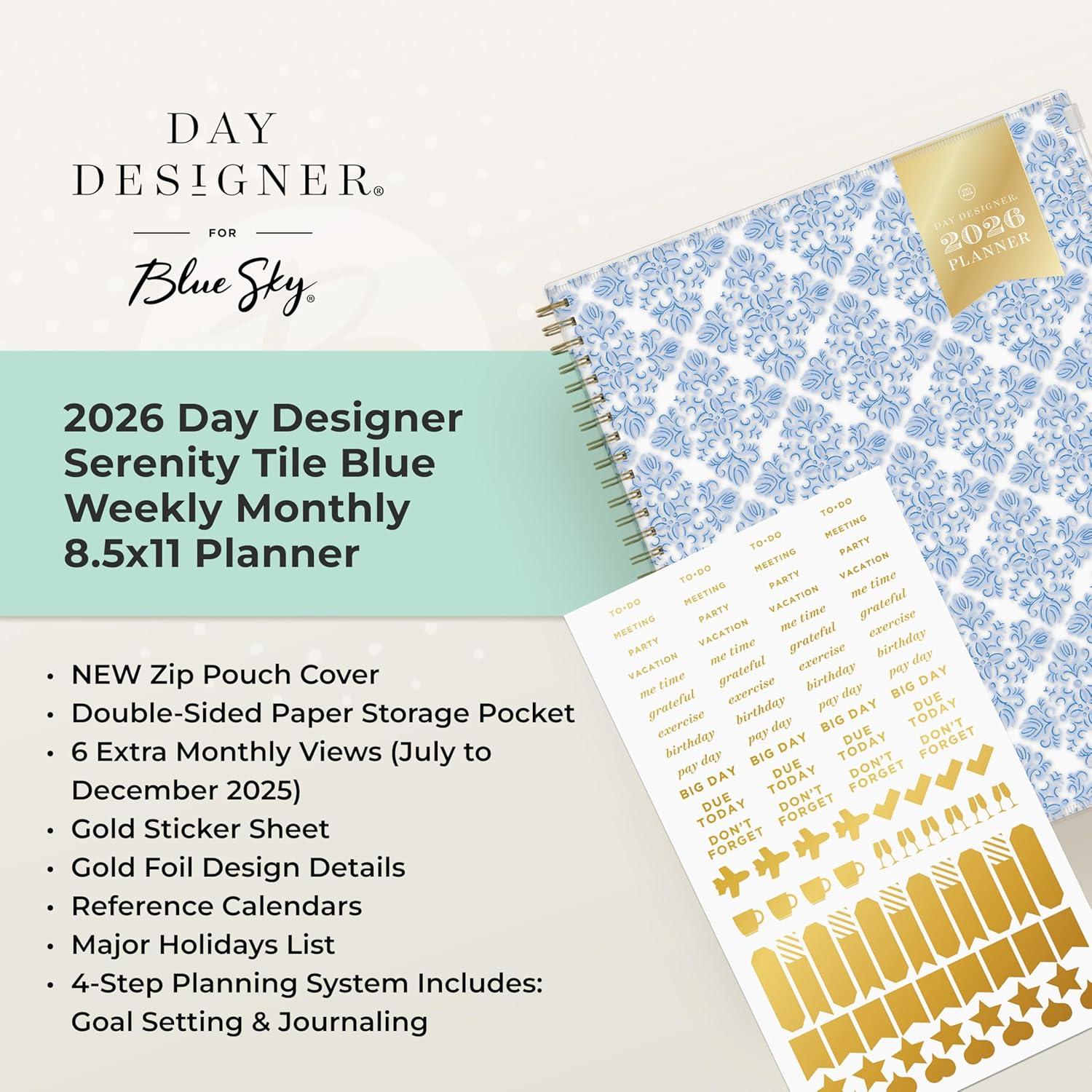imageBlue Sky Day Designer 2026 Weekly and Monthly Planner Calendar January 2026 December 2026 5quot x 8quot Flexible Cover With Zip Pouch Durable Twin Wire Binding Storage Pocket Includes Stickers Serenity Tile BlueSerenity Tile Blue 2026
