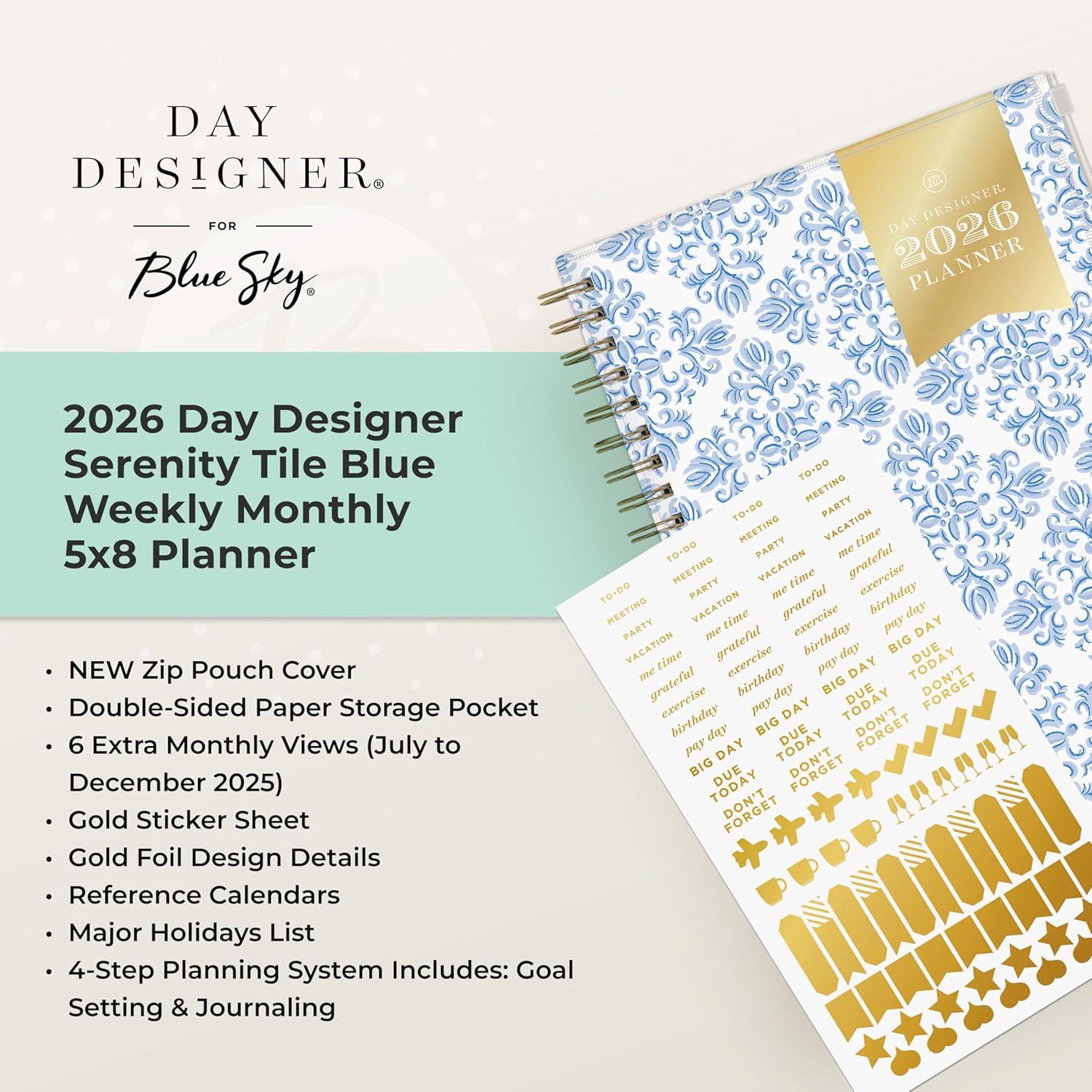 imageBlue Sky Day Designer 2026 Weekly and Monthly Planner Calendar January 2026 December 2026 5quot x 8quot Flexible Cover With Zip Pouch Durable Twin Wire Binding Storage Pocket Includes Stickers Serenity Tile BlueSerenity Tile Blue 2026