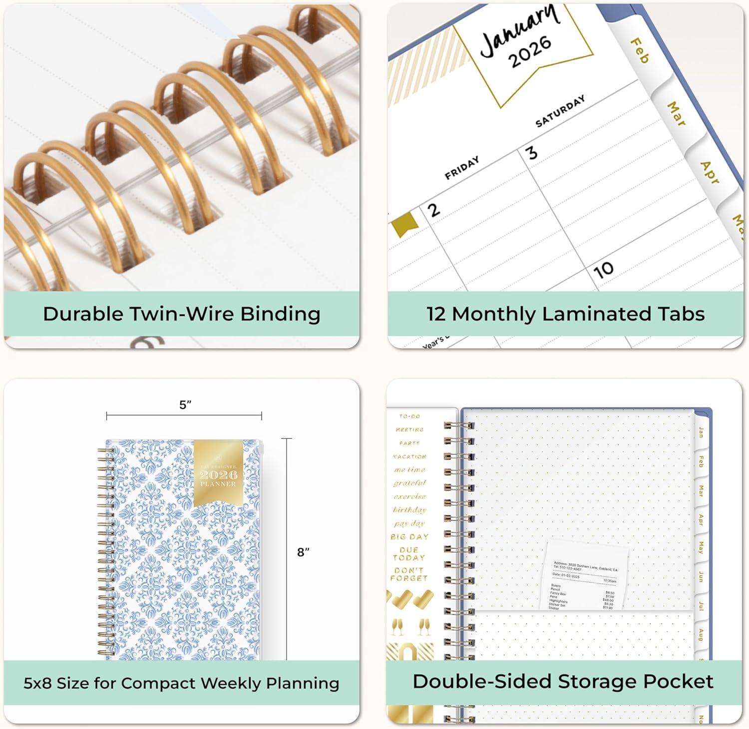 imageBlue Sky Day Designer 2026 Weekly and Monthly Planner Calendar January 2026 December 2026 5quot x 8quot Flexible Cover With Zip Pouch Durable Twin Wire Binding Storage Pocket Includes Stickers Serenity Tile BlueSerenity Tile Blue 2026