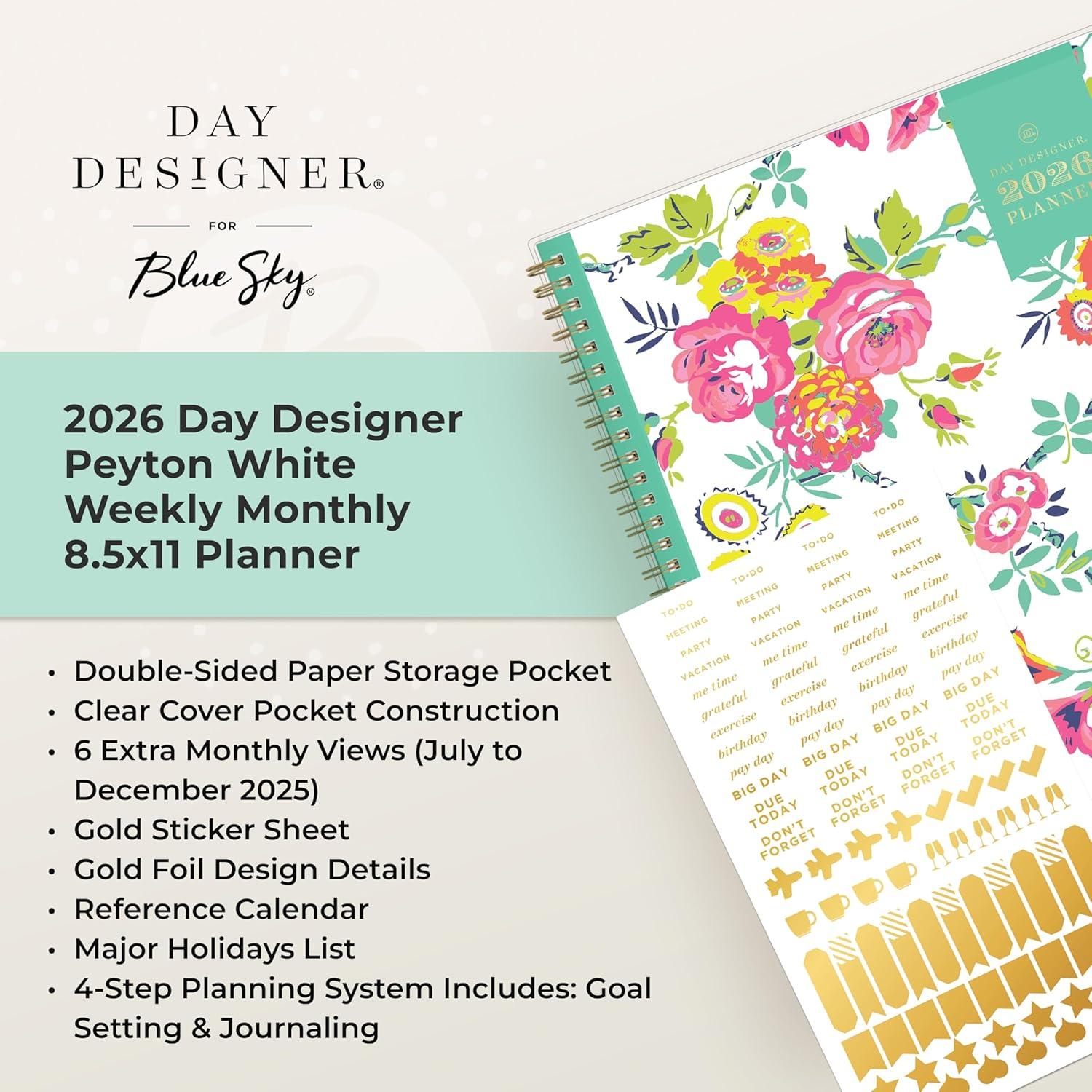 imageBlue Sky Day Designer 2026 Weekly and Monthly Planner Calendar January 2026 December 2026 85quot x 11quot Clear Pocket Cover Durable Twin Wire Binding Includes Storage Pocket Stickers Peyton WhitePeyton White 2026