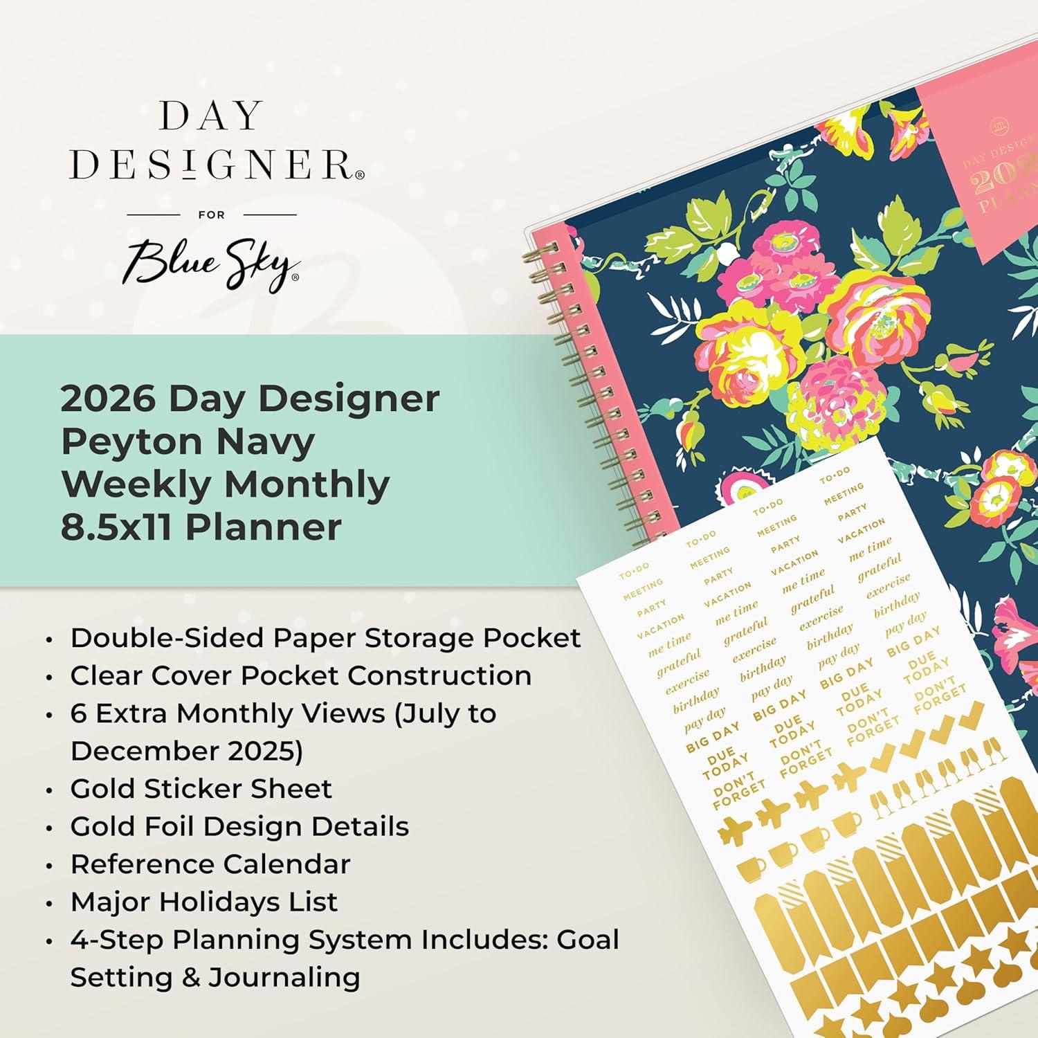 imageBlue Sky Day Designer 2026 Weekly and Monthly Planner Calendar January 2026 December 2026 85quot x 11quot Clear Pocket Cover Durable Twin Wire Binding Includes Storage Pocket Stickers Peyton NavyPeyton Navy 2026