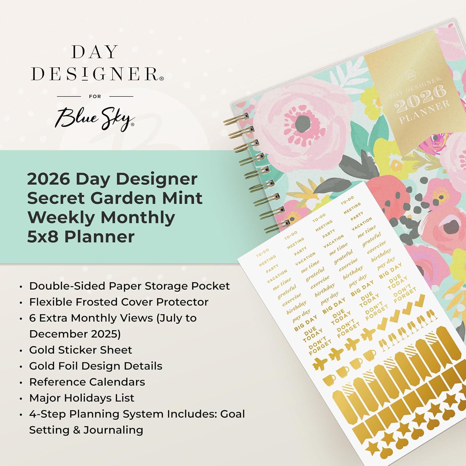 imageBlue Sky Day Designer 2026 Weekly and Monthly Planner Calendar January 2026 December 2026 85quot x 11quot Flexible Cover Durable Twin Wire Binding Storage Pocket Stickers Secret Garden MintSecret Garden Mint 2026