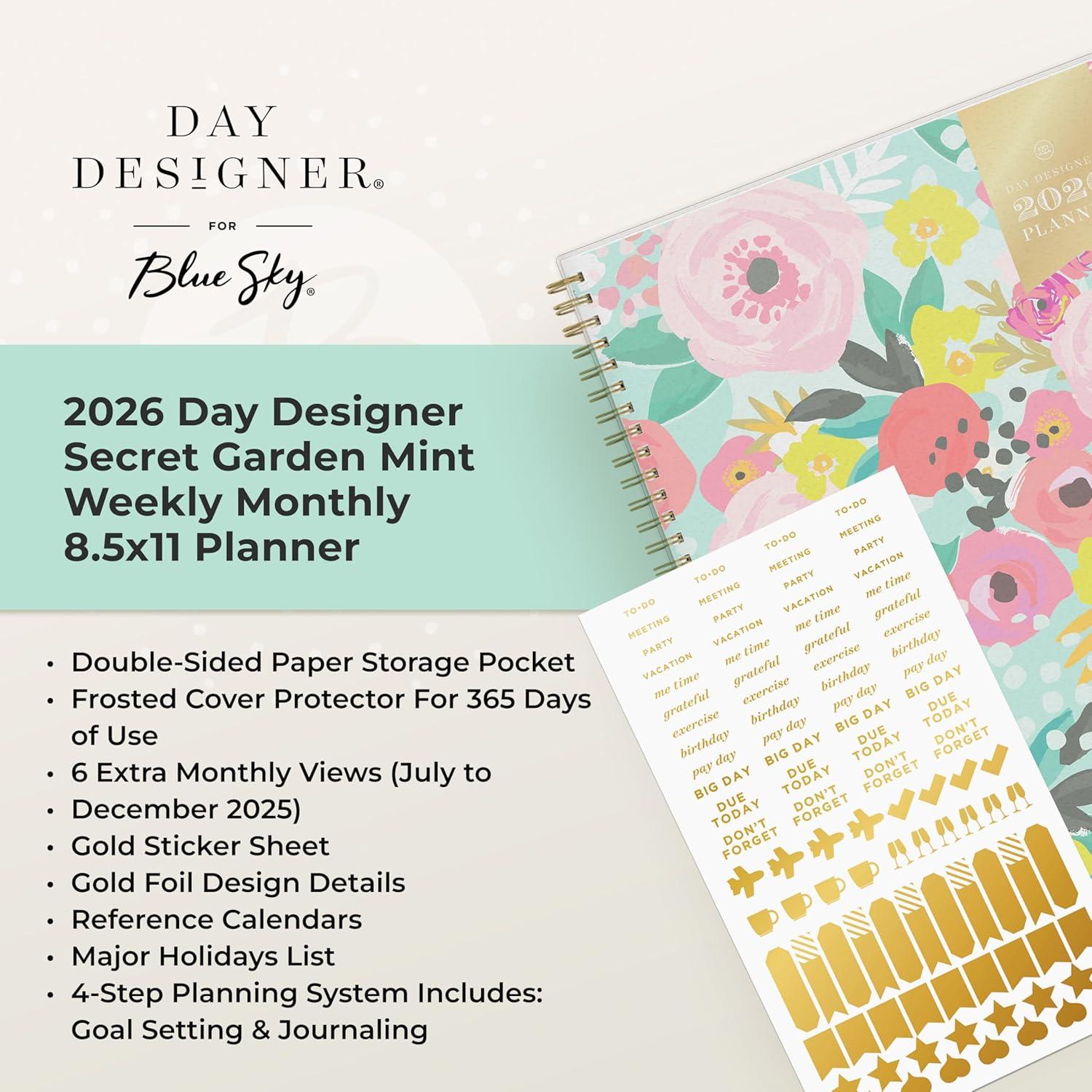 imageBlue Sky Day Designer 2026 Weekly and Monthly Planner Calendar January 2026 December 2026 85quot x 11quot Flexible Cover Durable Twin Wire Binding Storage Pocket Stickers Secret Garden MintSecret Garden Mint 2026