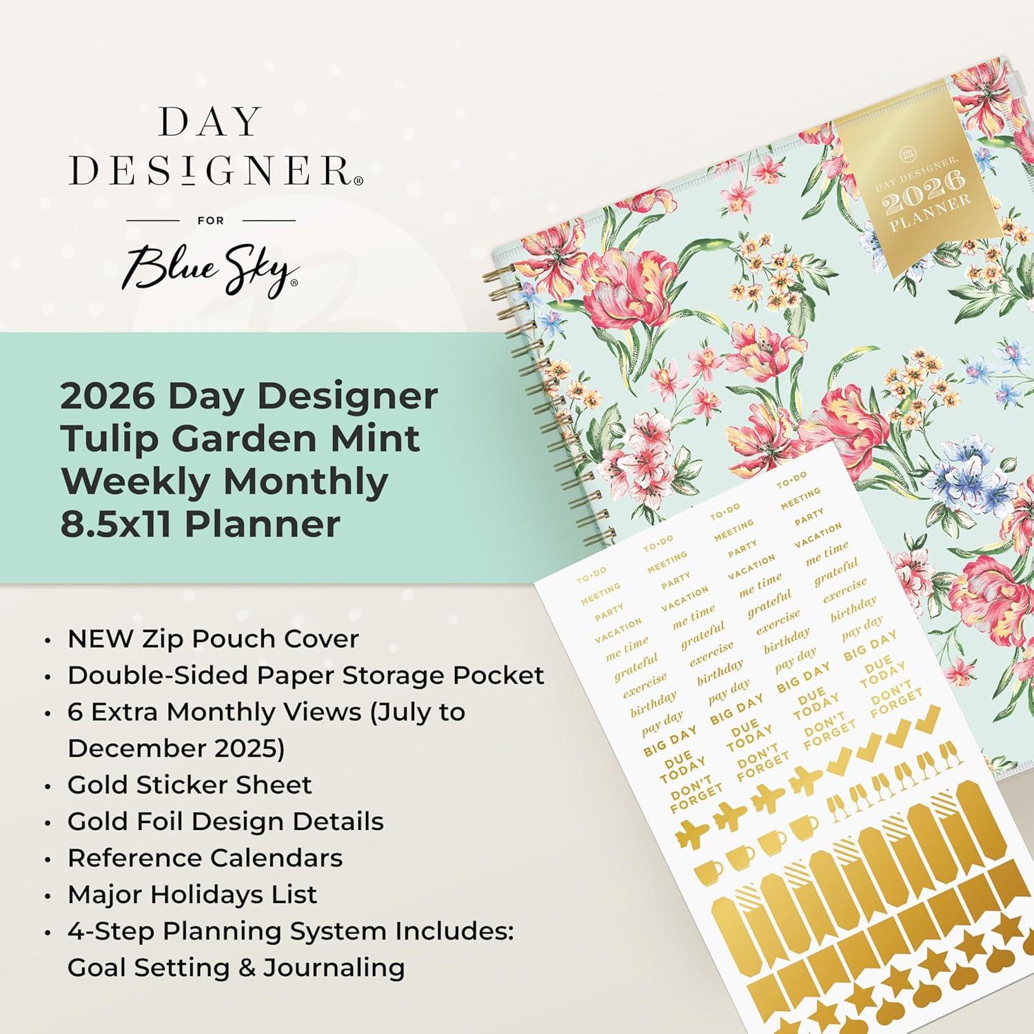imageBlue Sky Day Designer 2026 Weekly and Monthly Planner Calendar January 2026 December 2026 85quot x 11quot Flexible Cover With Zip Pouch Durable Twin Wire Binding Storage Pocket Includes Stickers Tulip Garden MintTulip Garden Mint 2026